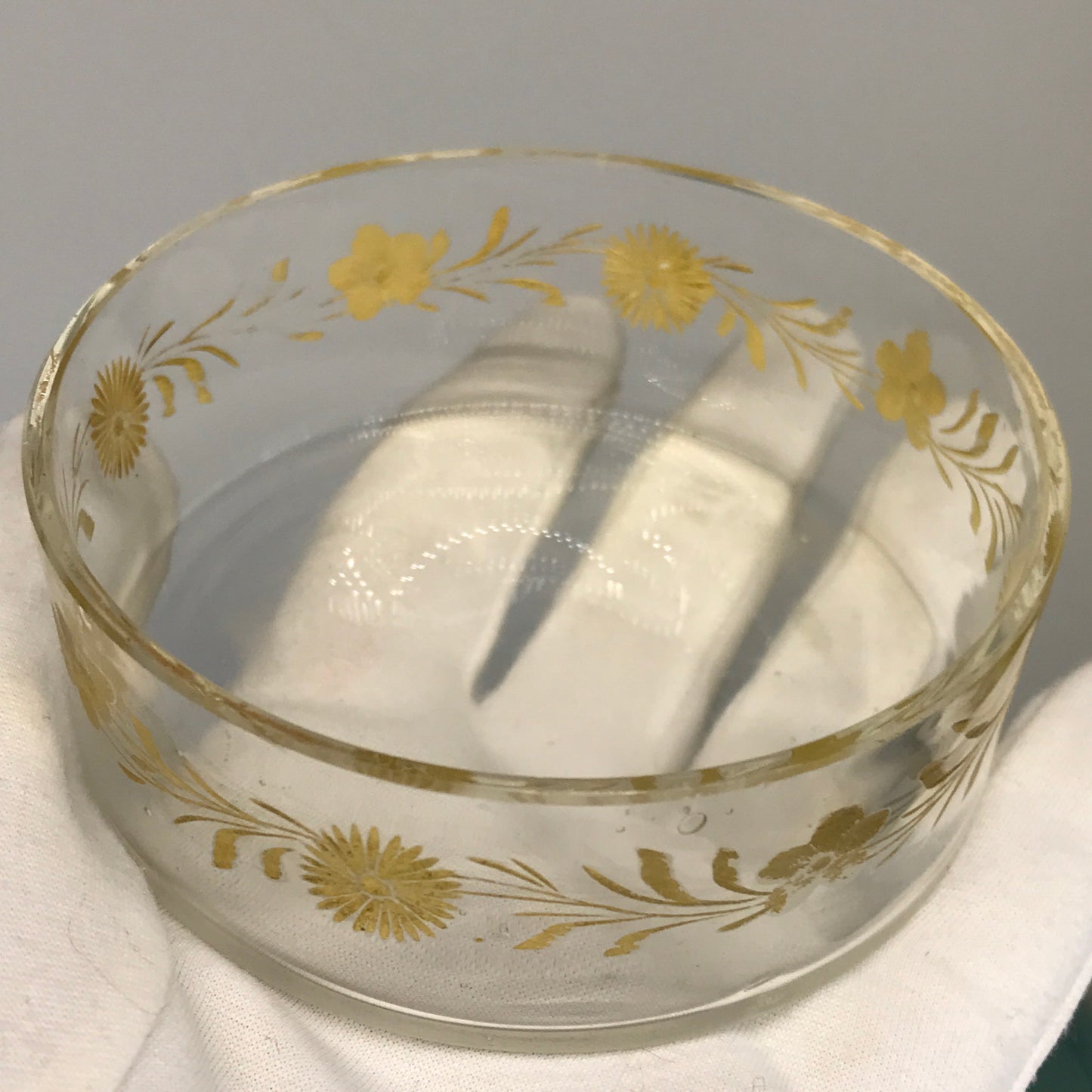 Clear Glass Trinket Box or Powder Jar with Inset Gold Floral Accents, Vintage Jewellery Box