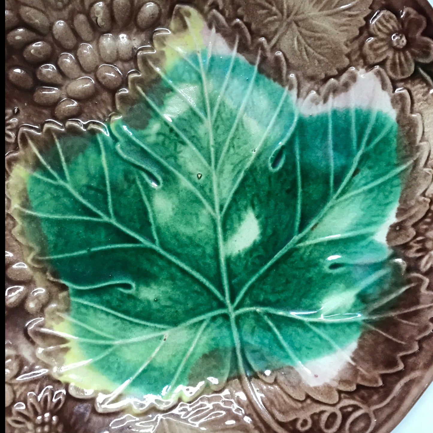 Majolica Grape Leaf and Berry Plate 8 inches