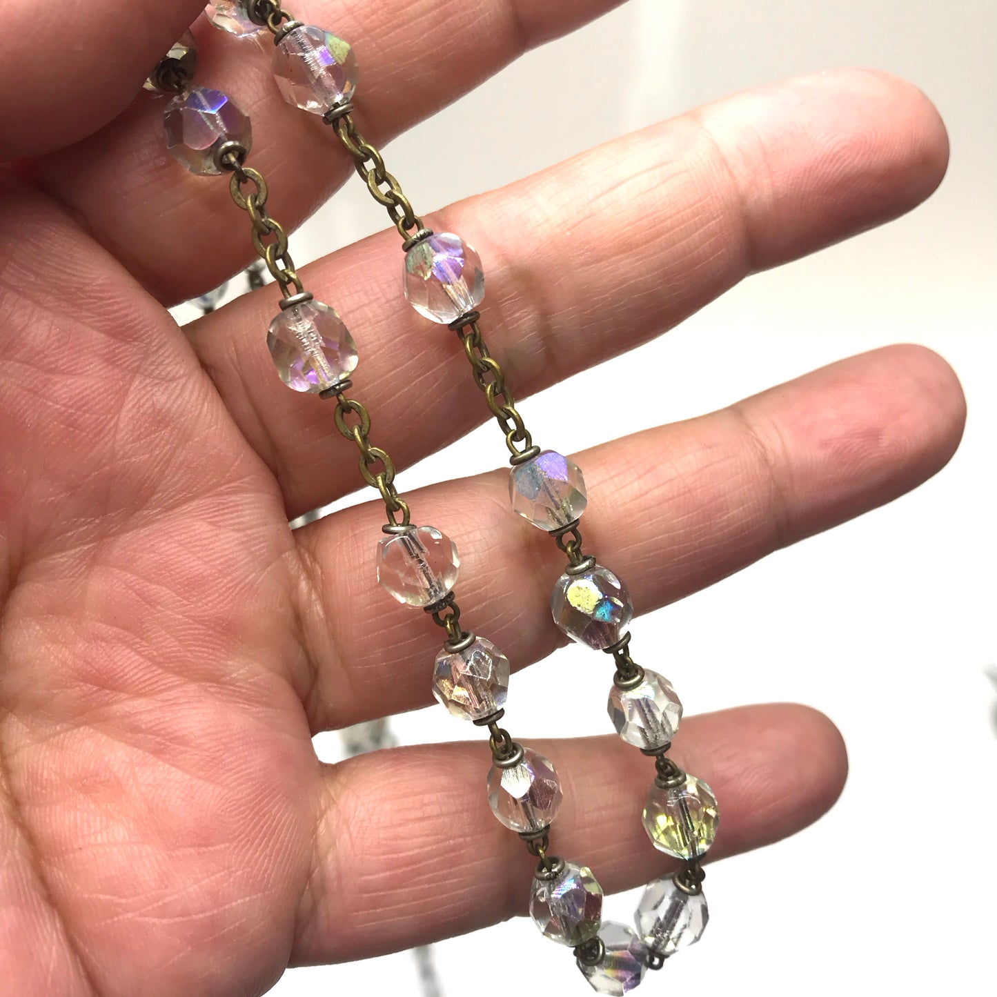 Vintage Iridescent Faceted Glass Rosary Beads on Brass Chain