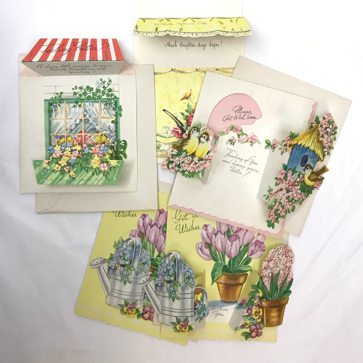 Lot of 12 Vintage Die Cut Greeting Cards, 6 Birthday, 5 Get Well, 1 Congratulations, Minor Signs of Age From Storage