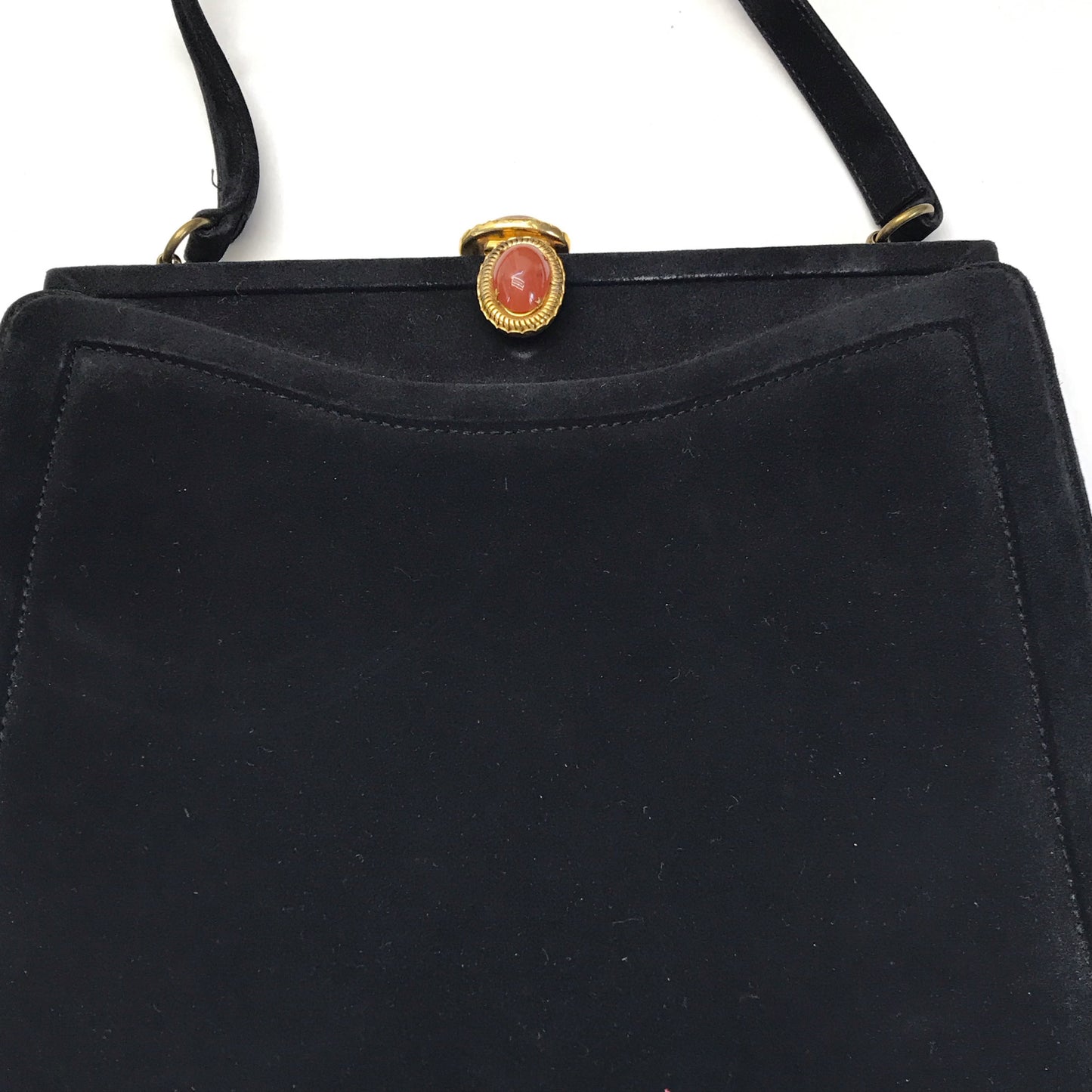 Vintage Black Top Handle Handbag with Faux-Carnelian Clasp