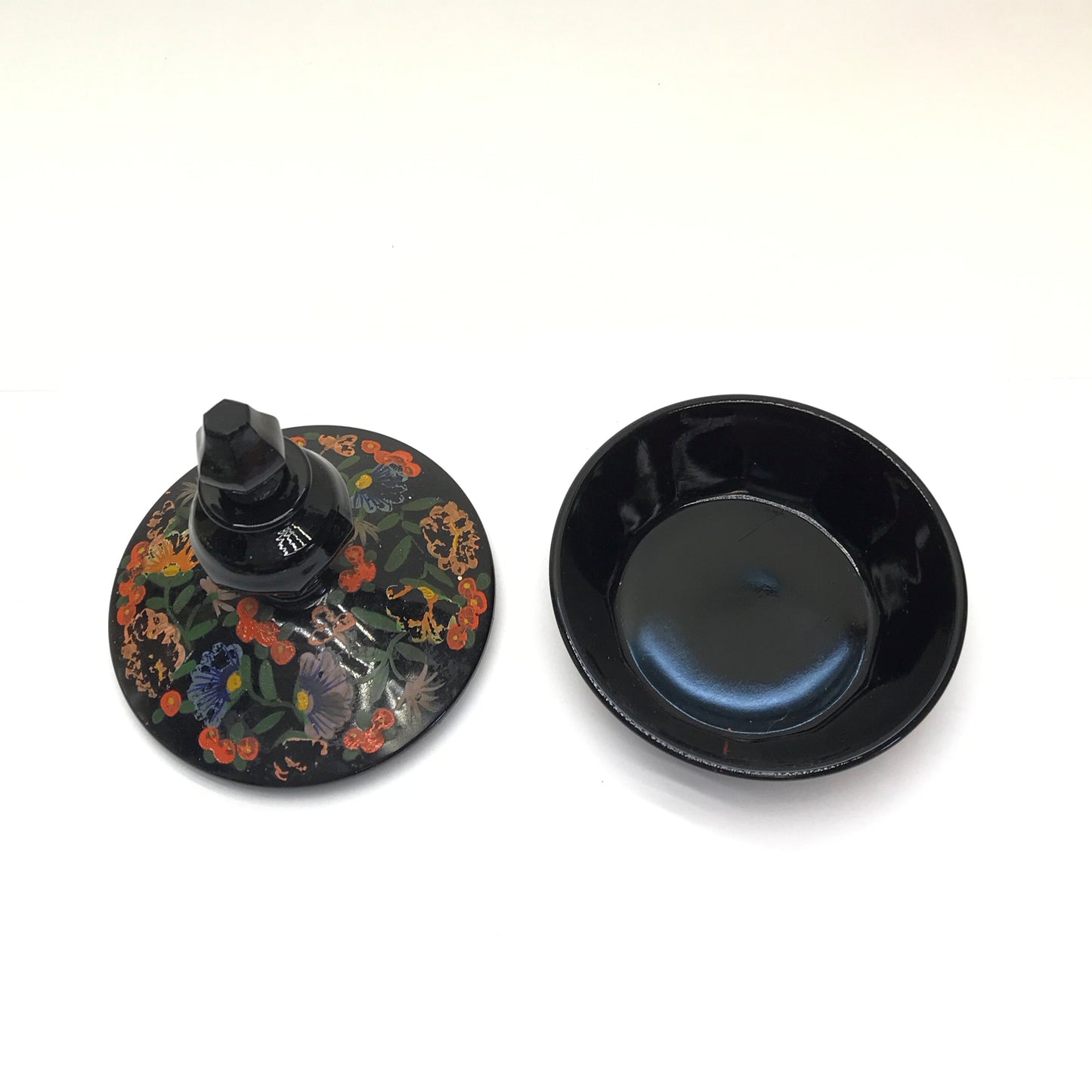 Black Glass Powder Box with Scent Bottle Lid, Vintage Perfume Bottle, Trinket Dish