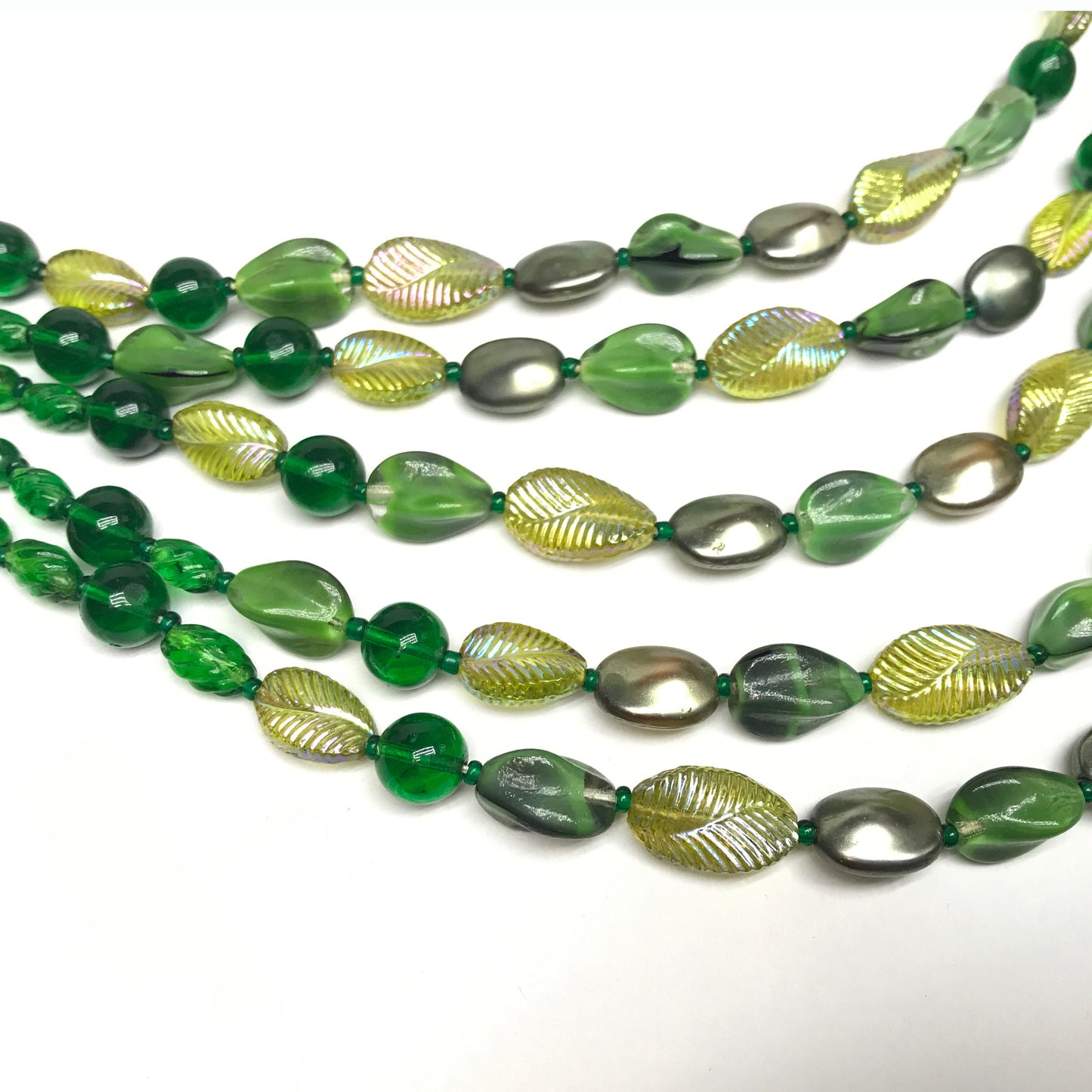 Vintage Green Glass Beads with Leaf Patterns, 5 Strands