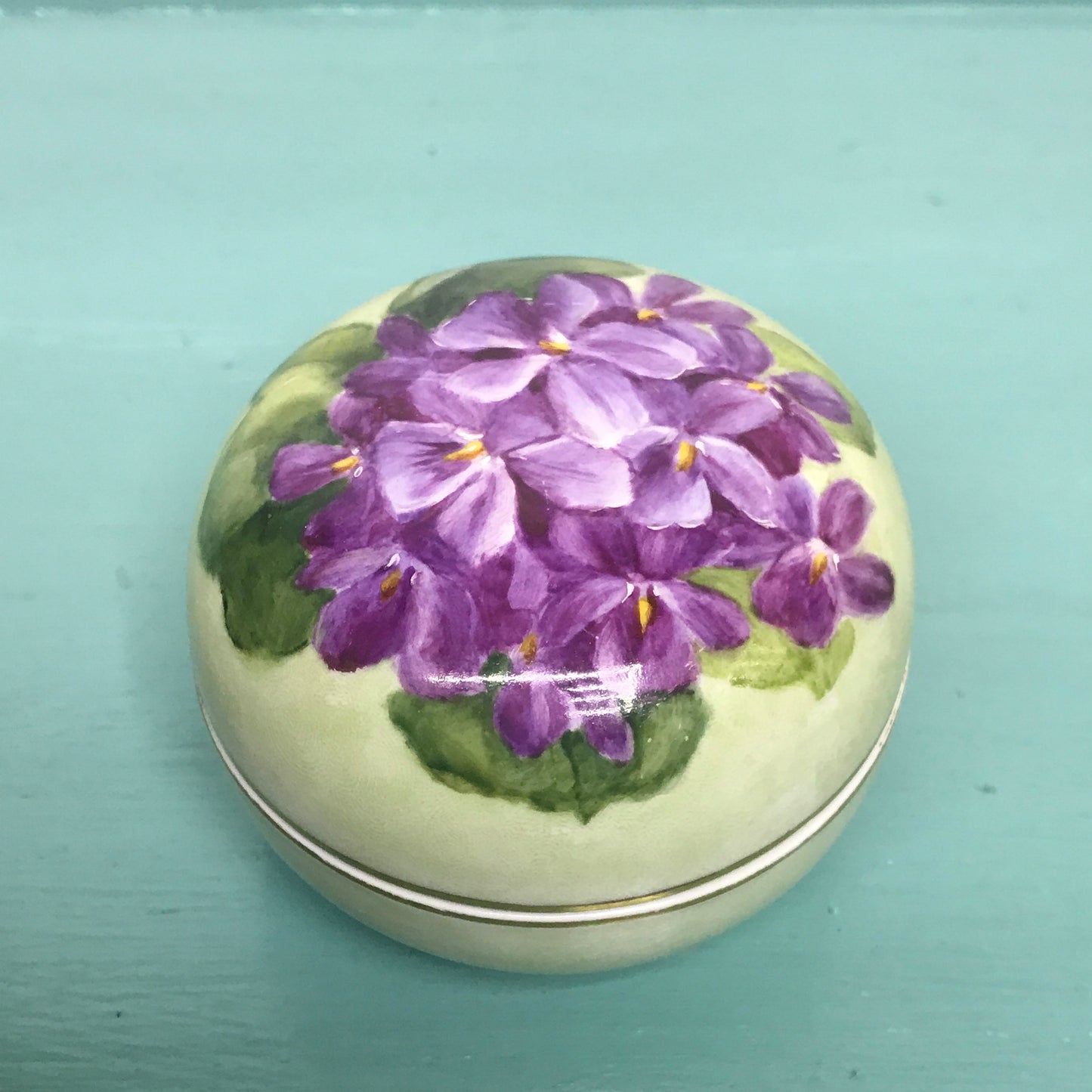 Vintage Hand Painted Ceramic Powder Jar with Violets, Cosmetic Jar, Trinket Box