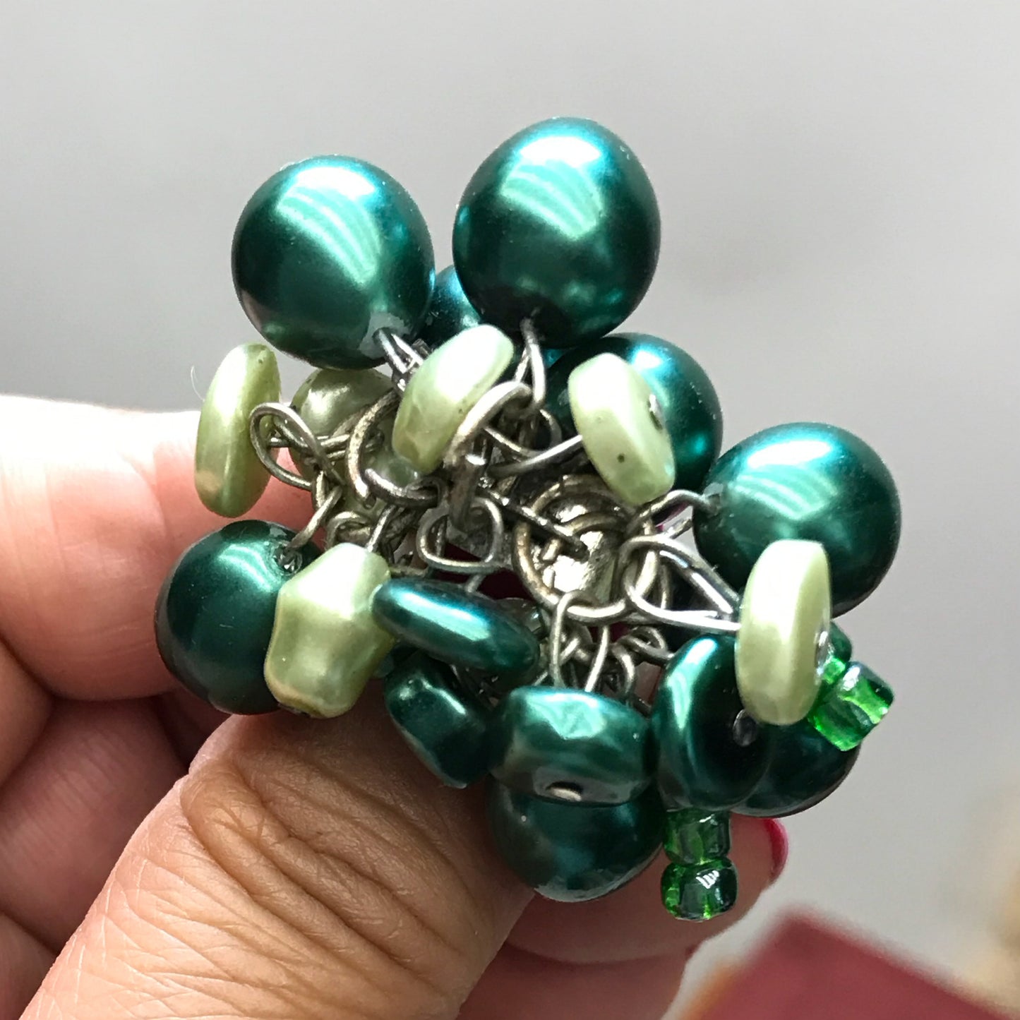 Cha Cha Ring Green Pearlized Beads, Cocktail Ring