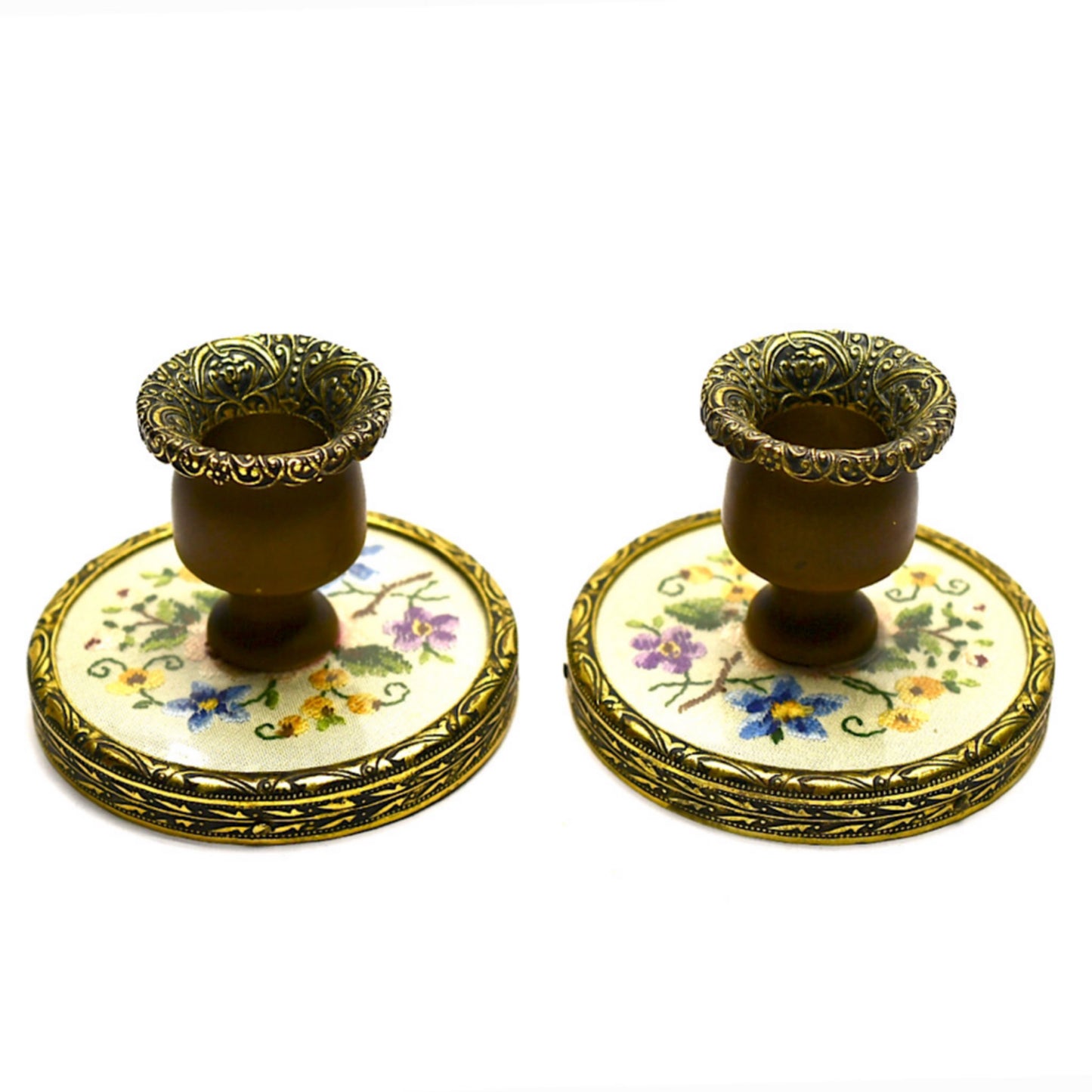 Petitpoint Candlesticks, Vintage Candle Sticks, Pair