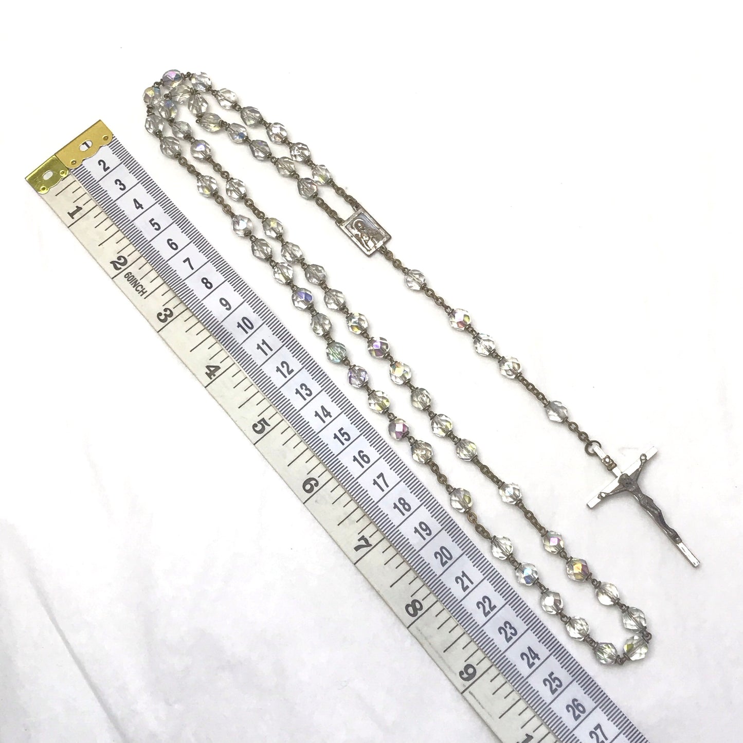 Vintage Iridescent Faceted Glass Rosary Beads on Brass Chain
