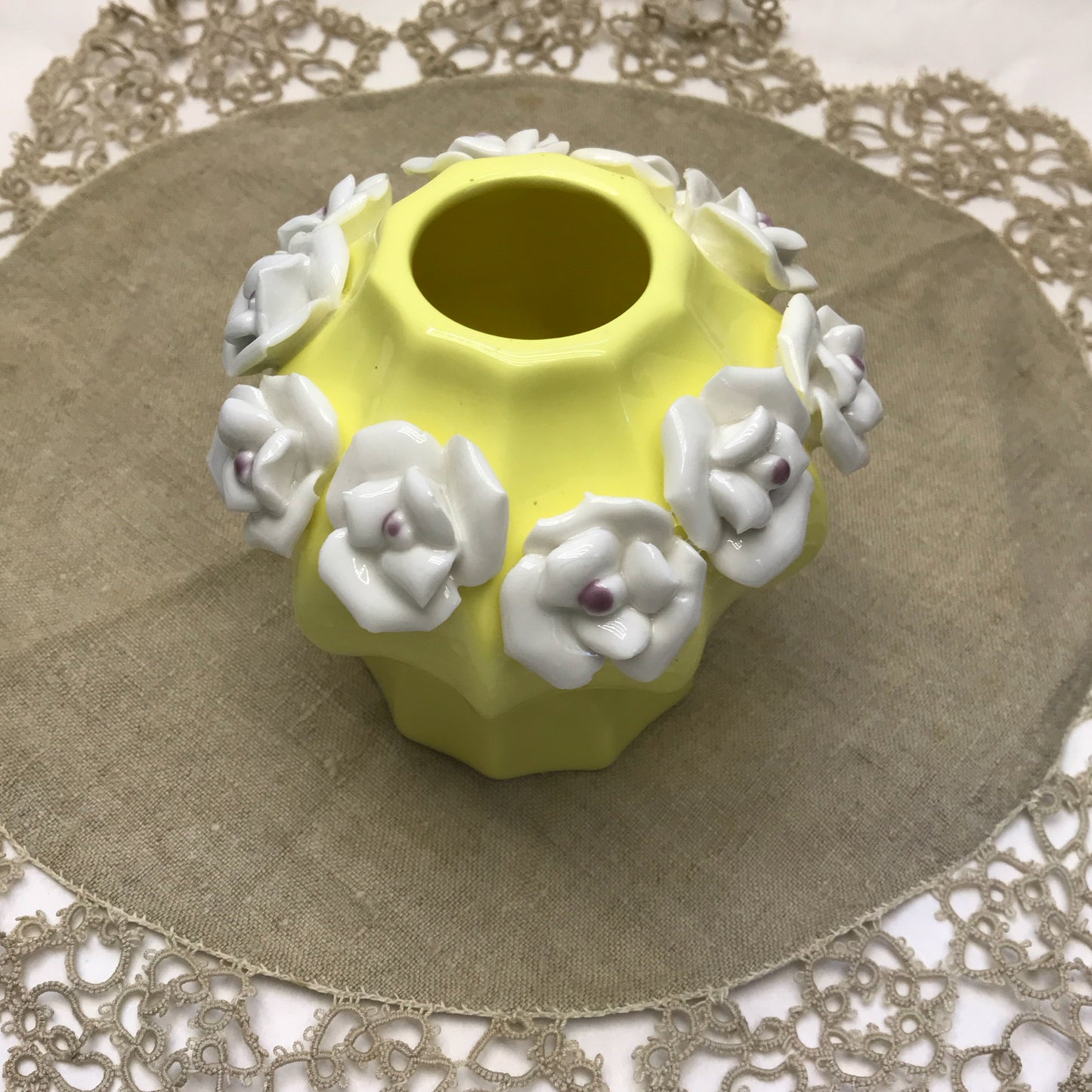 Small Yellow Ceramic Vase with Applied White Flowers