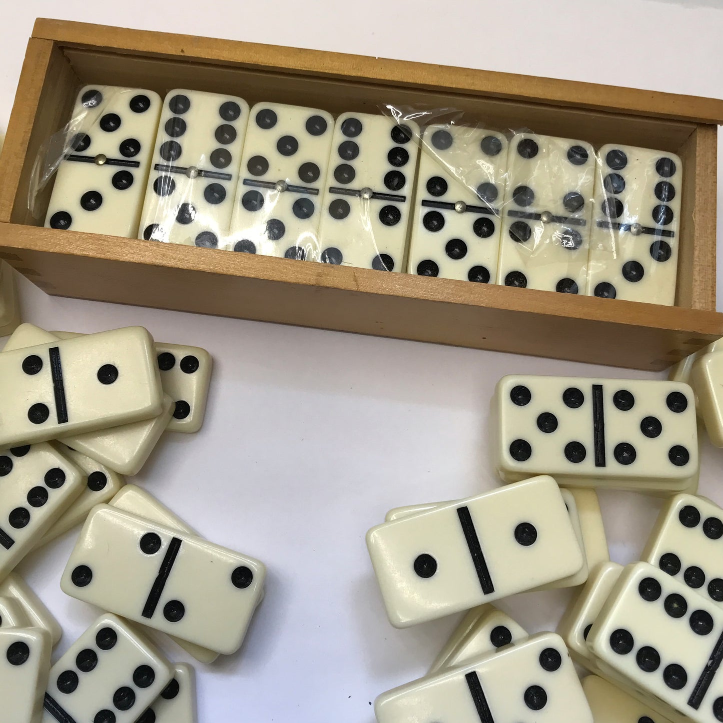 Lot of Vintage Dominoes, Double Six Boxed Set Plus 2 Other Sets, One Set missing one tile, 83 Dominoes, Bakelite-like Hard Plastic Material