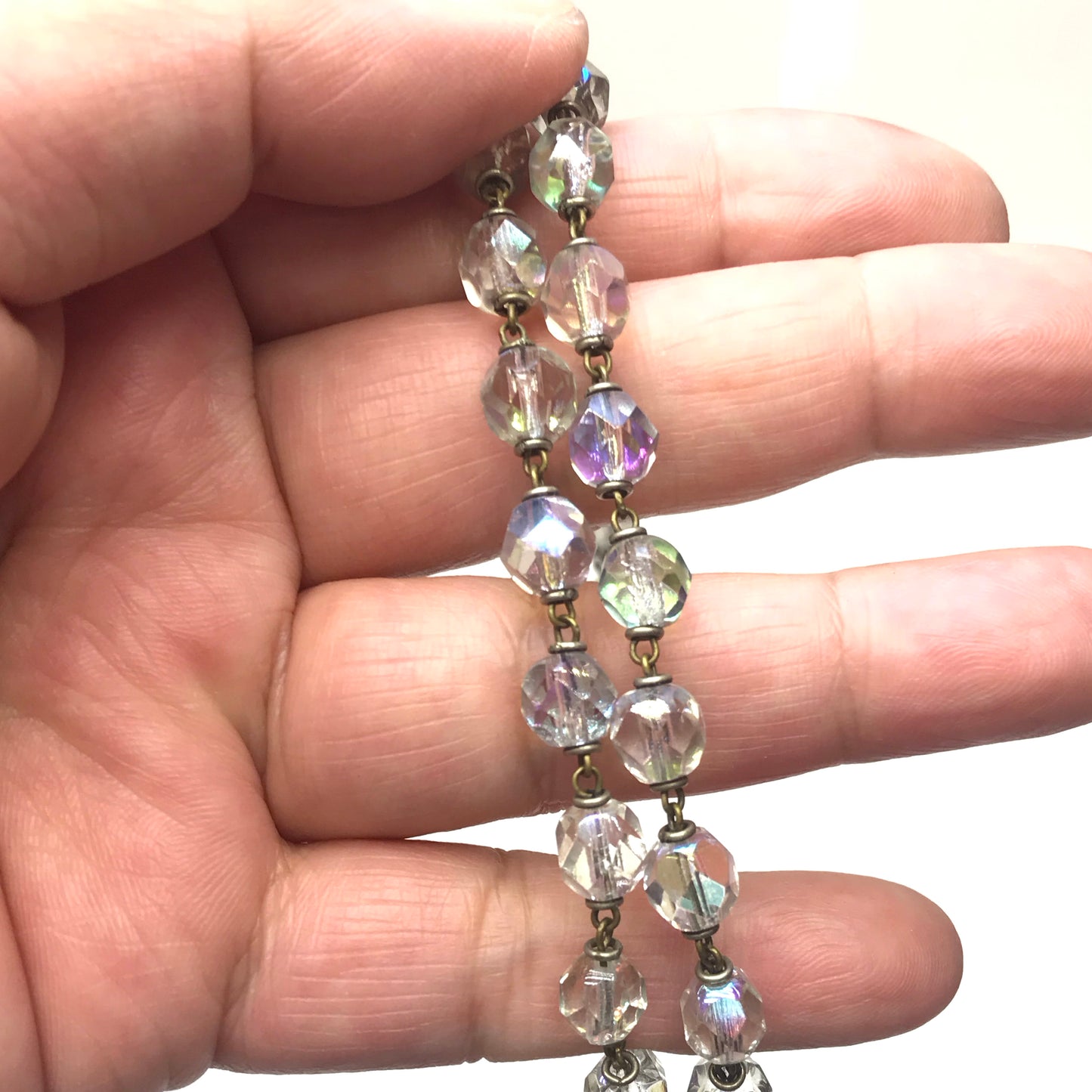 Vintage Iridescent Faceted Glass Rosary Beads on Brass Chain