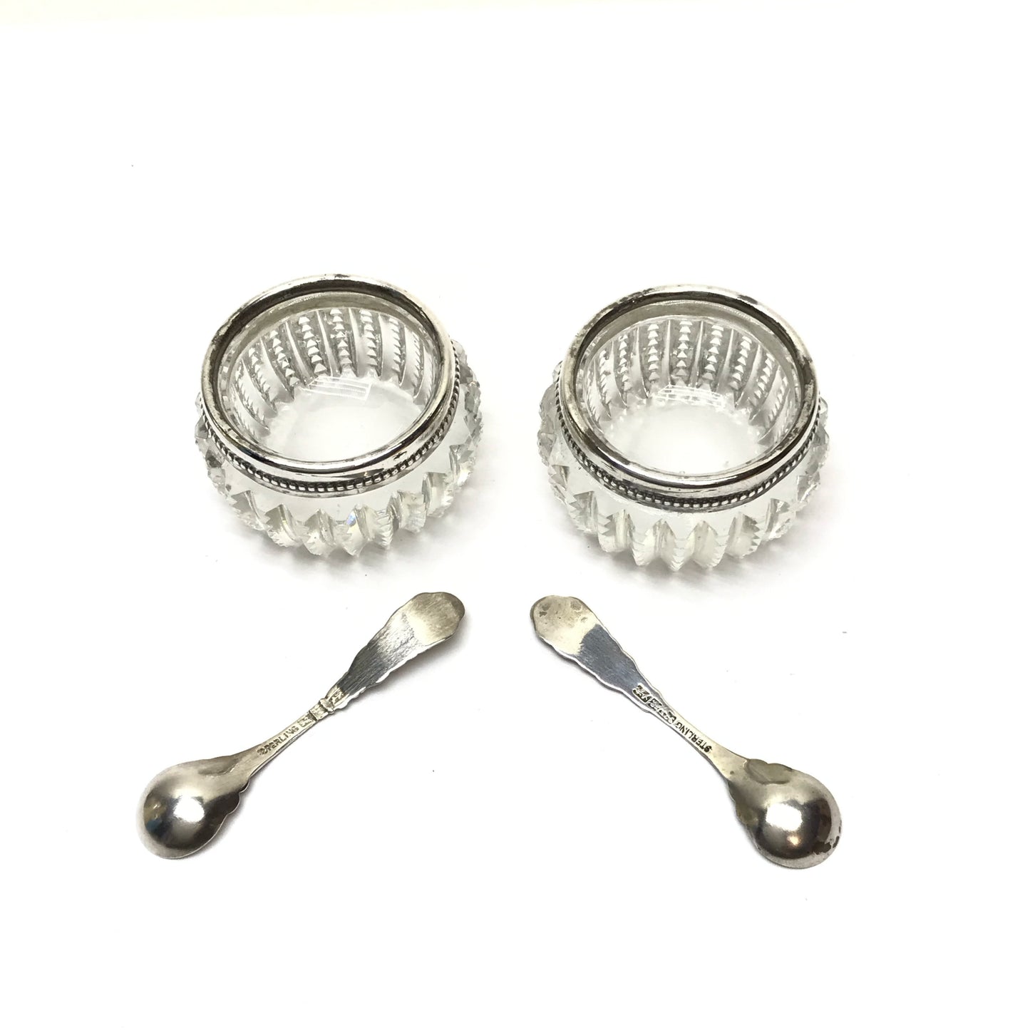 Pair of Open Glass Salt Cellars with Sterling Rims and Spoons