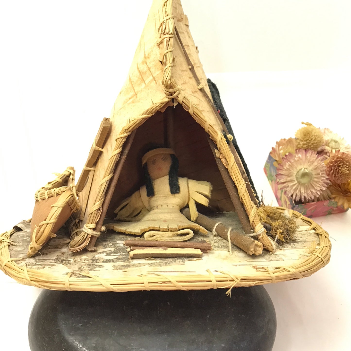 Trio of Birch Bark Campsite Dioramas, Handmade TiPi, Native Scene Sculptures