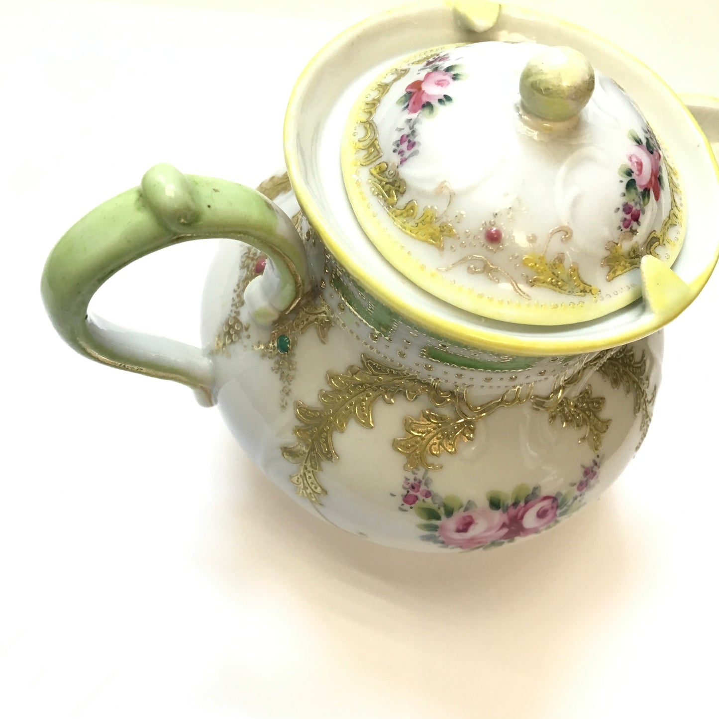 Nippon Child’s Porcelain Teapot, Rose with Gold Accents, Toy Tea Pot, Small Fault in Spout