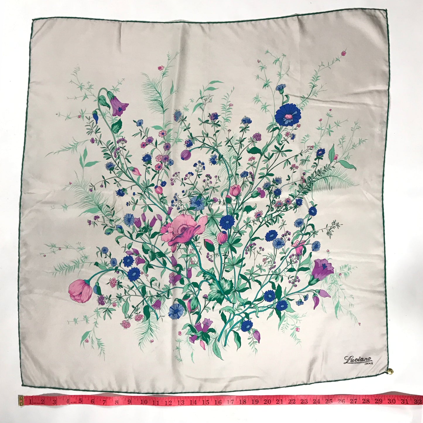 Luciano Firenze 100% Silk Floral Scarf, Pinks Blues, and Greens, MINOR WEAR, Square 30 inches.