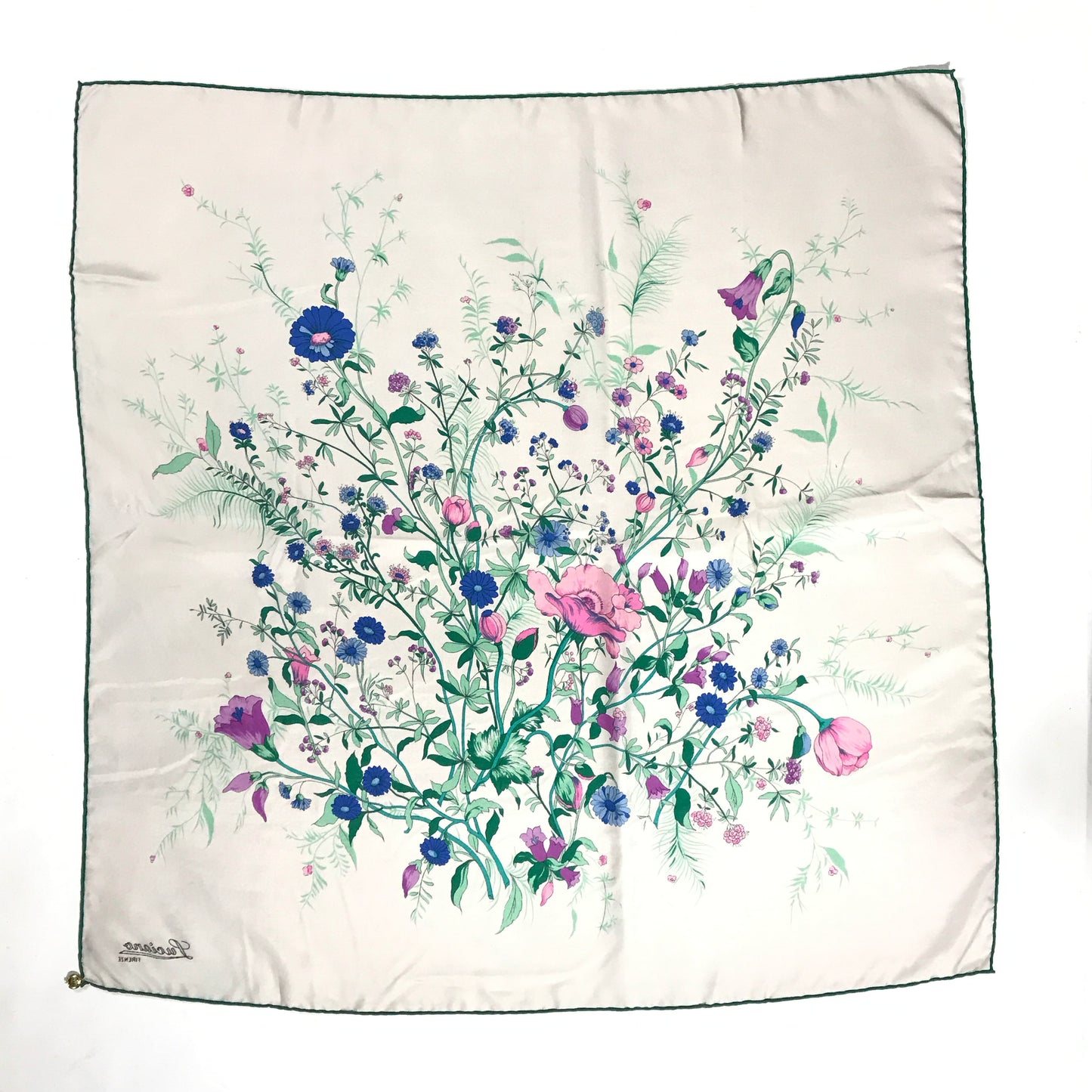 Luciano Firenze 100% Silk Floral Scarf, Pinks Blues, and Greens, MINOR WEAR, Square 30 inches.