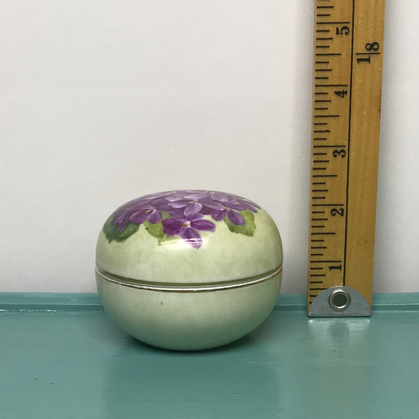 Vintage Hand Painted Ceramic Powder Jar with Violets, Cosmetic Jar, Trinket Box