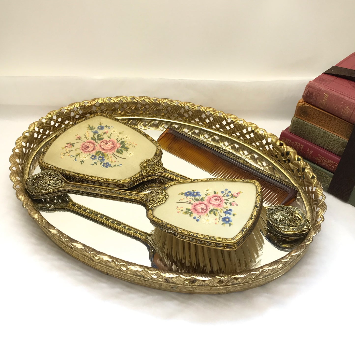 1950s Vanity Set, Embroidery and Filigree 3 Piece Set with Tray