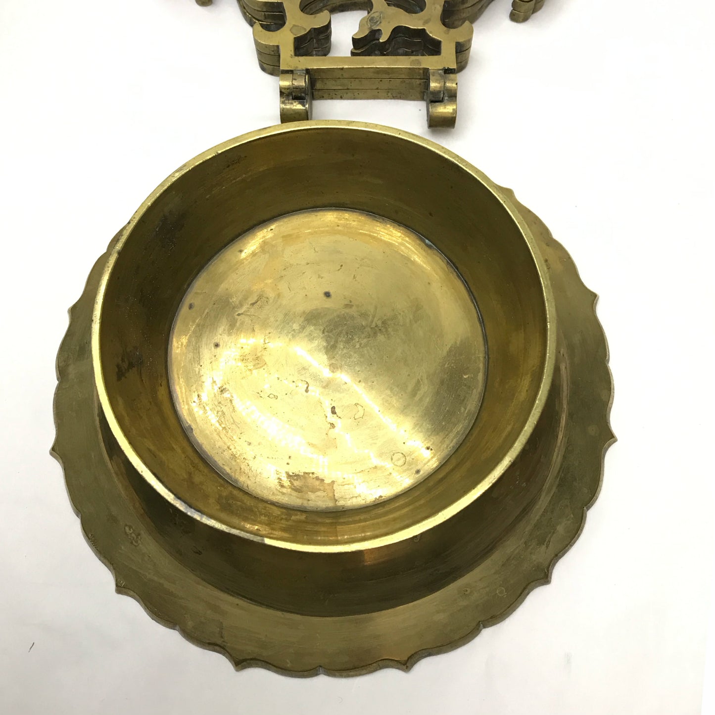 Vintage Brass Altar Offering Plate with Folding Brass Stand, Brass Pedestal Bowl with Stand, Chinese Brass Etched Dragon Plate, MARKS and STAINS