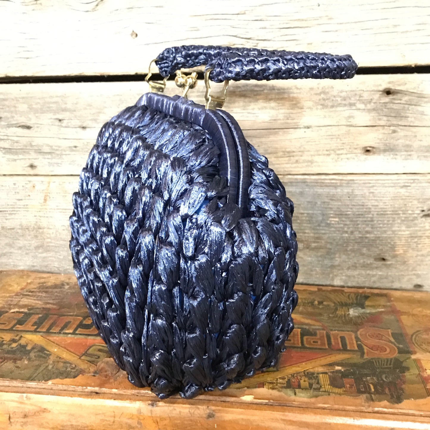 Vintage Duval Blue Raffia Top Handle Purse