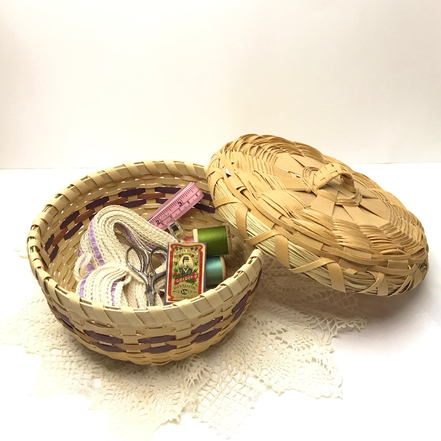 Native Sewing Basket, Mi’kmaq Lidded Basket, Hand Woven Round Basket, Signed and Dated