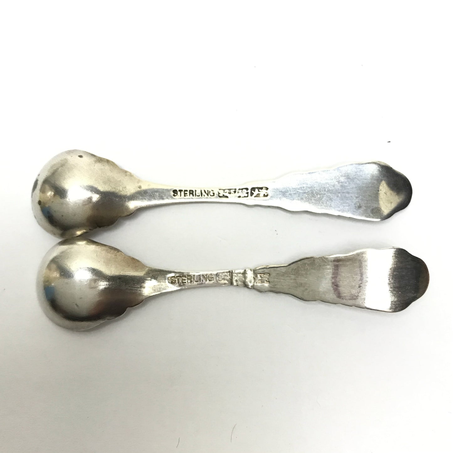 Pair of Open Glass Salt Cellars with Sterling Rims and Spoons