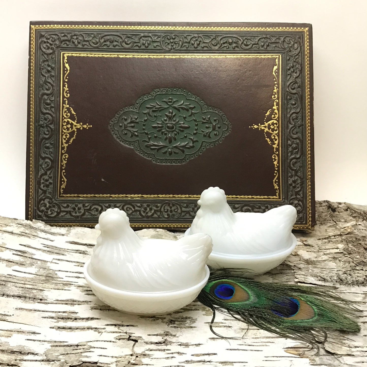 Pair of Small Milk Glass Hen-Shaped Dishes