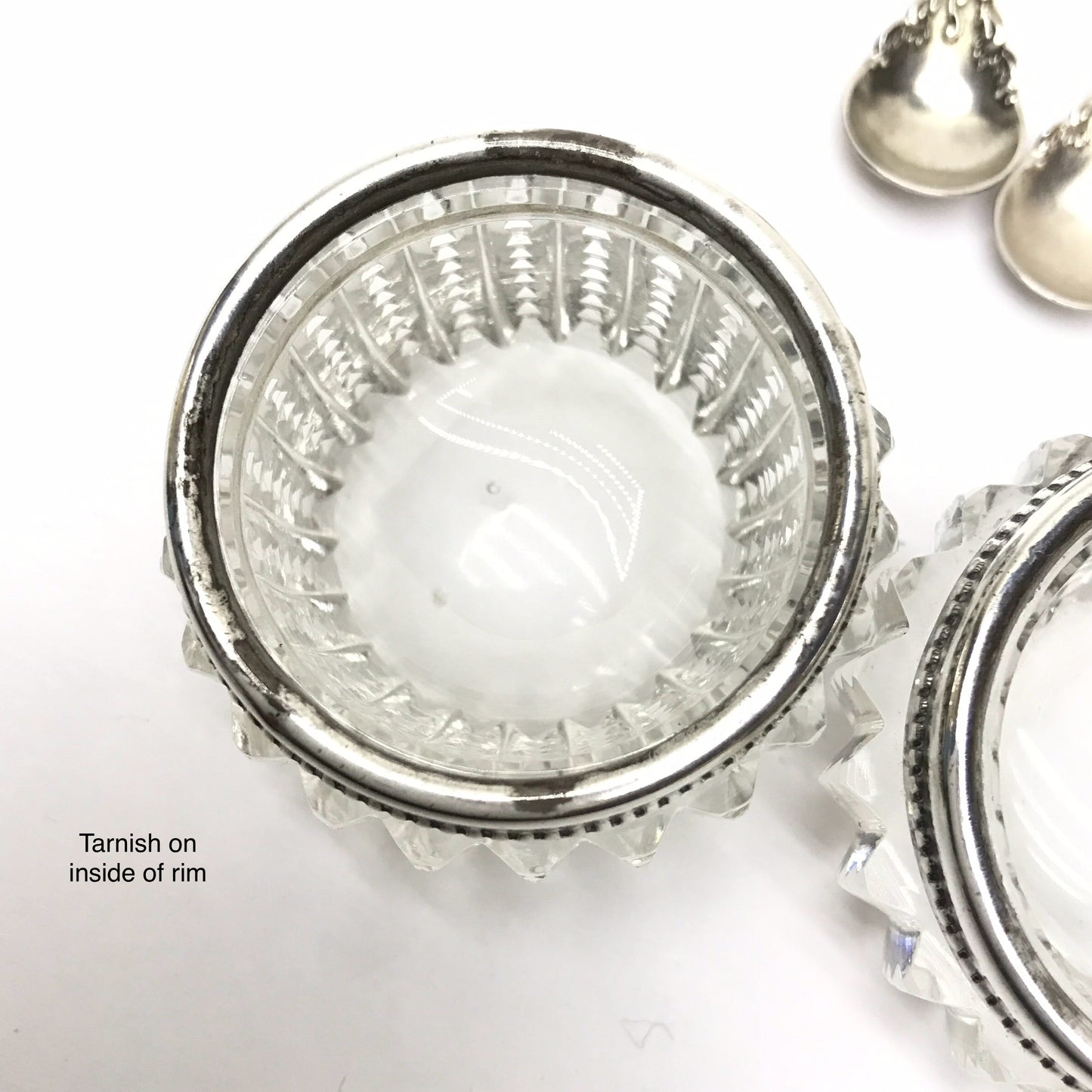 Pair of Open Glass Salt Cellars with Sterling Rims and Spoons