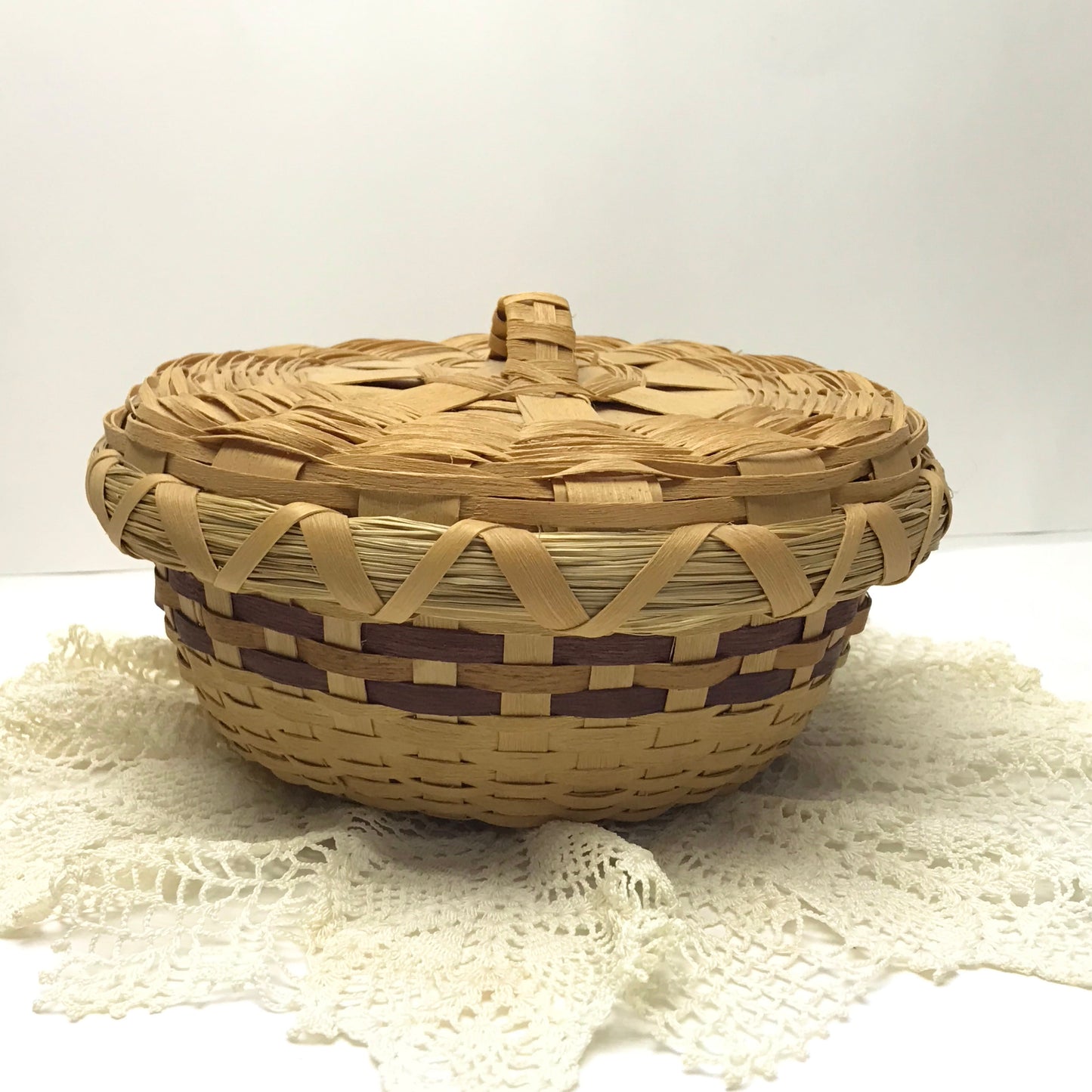 Native Sewing Basket, Mi’kmaq Lidded Basket, Hand Woven Round Basket, Signed and Dated