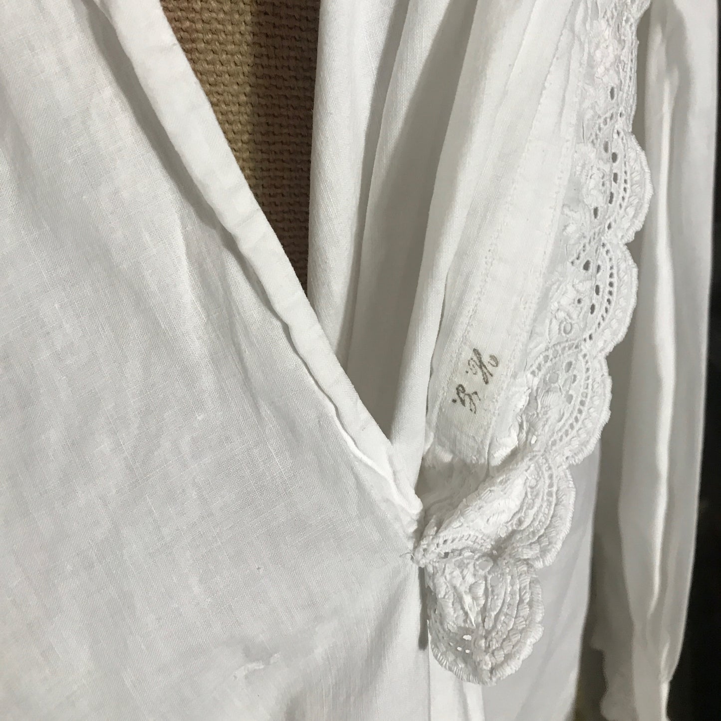 Edwardian Cotton Nightgown with Trimmed Collar and Sleeves, Antique Undergarments, Carved Mother of Pearl Buttons, MINOR Faults & Repairs.