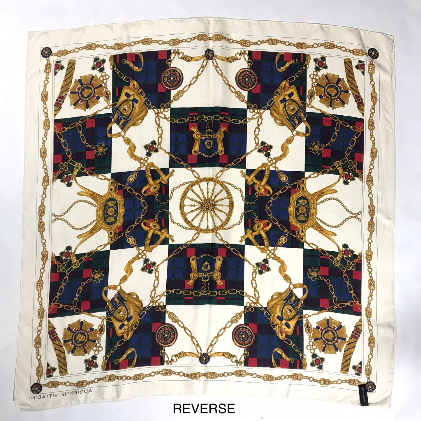 Adrienne Vittadini Silk Scarf in Red, Blue and Gold on Cream Background, Print of Chains, Medals and Saddlebags Design. Square 33 inches.