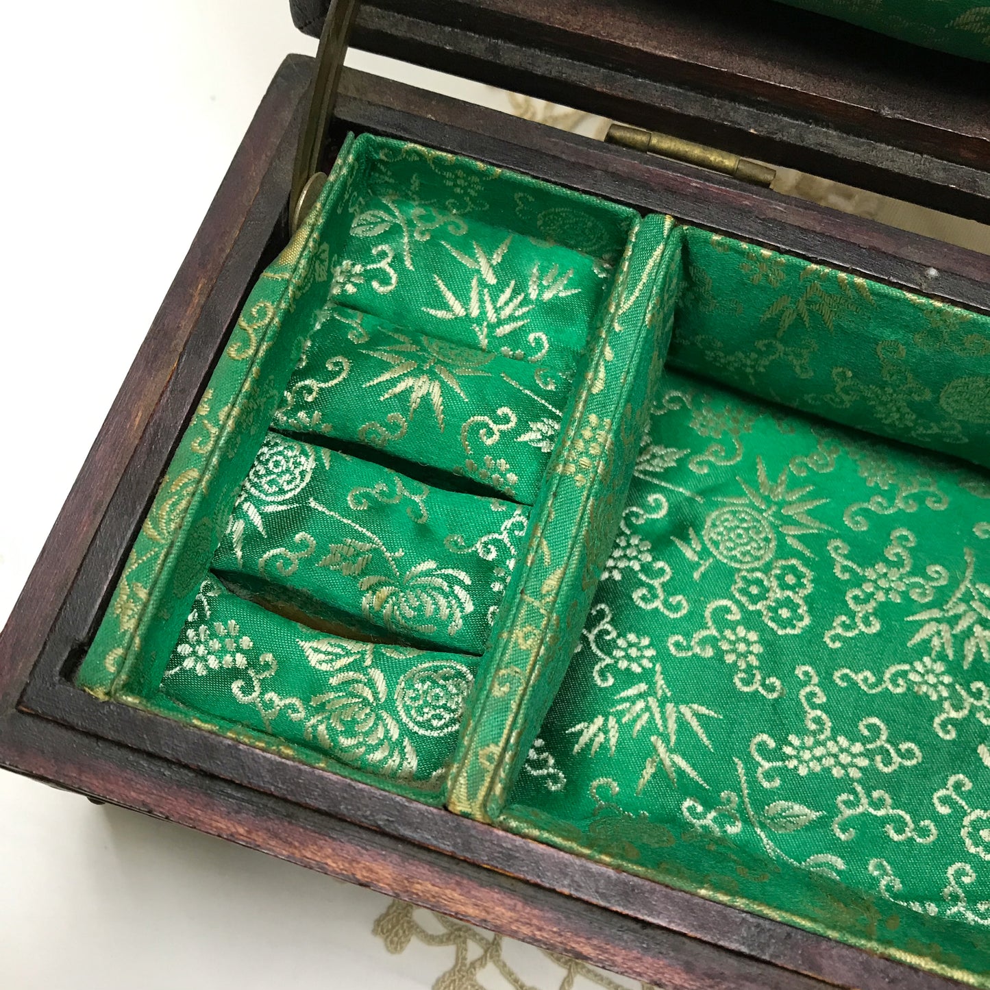 Chinese Jewellery Box with Brass & Jade Accents