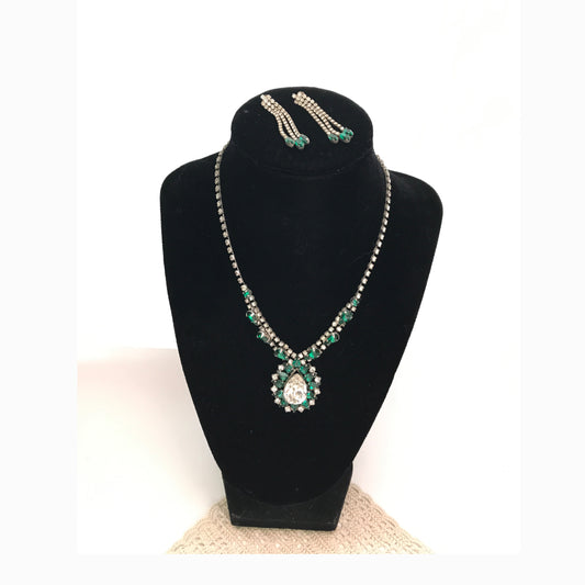 Jay Flex Sterling Green Rhinestone Necklace with Matching Pierced Earrings