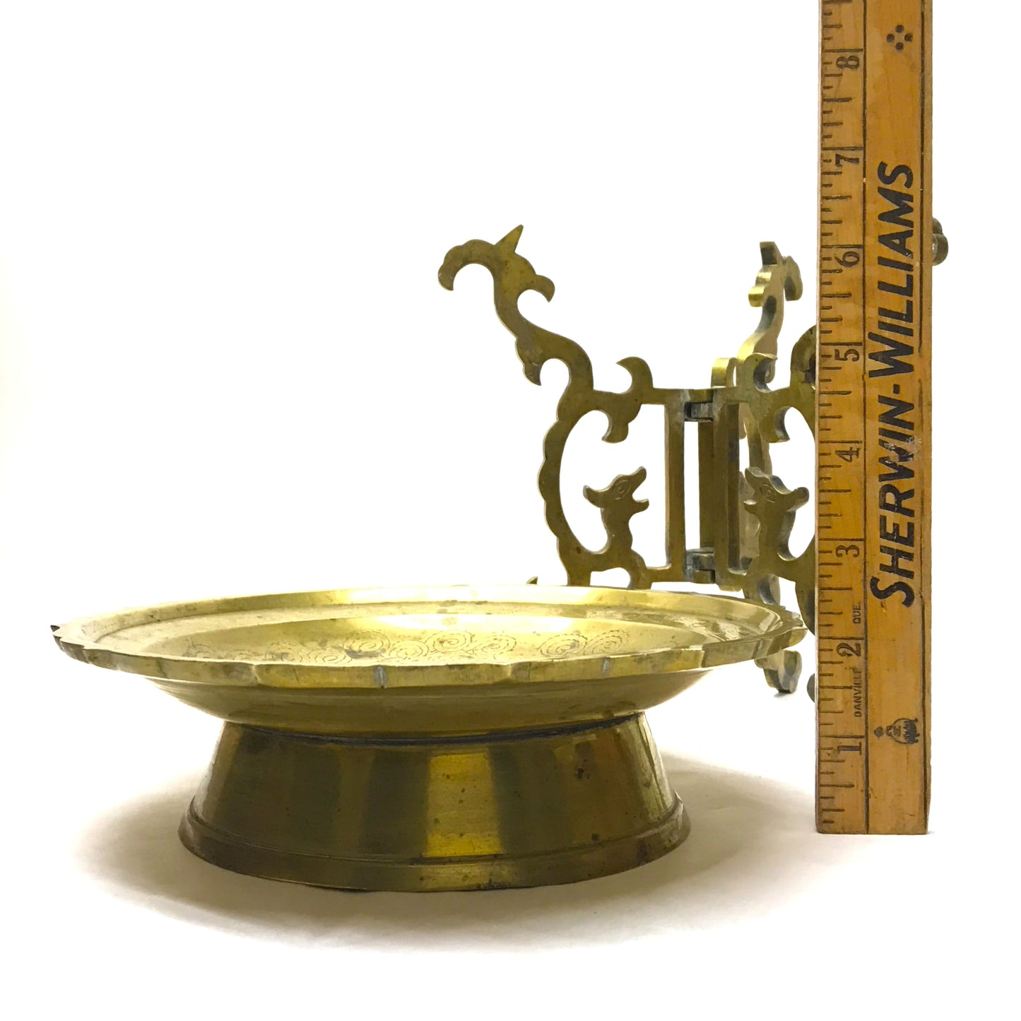 Vintage Brass Altar Offering Plate with Folding Brass Stand, Brass Pedestal Bowl with Stand, Chinese Brass Etched Dragon Plate, MARKS and STAINS