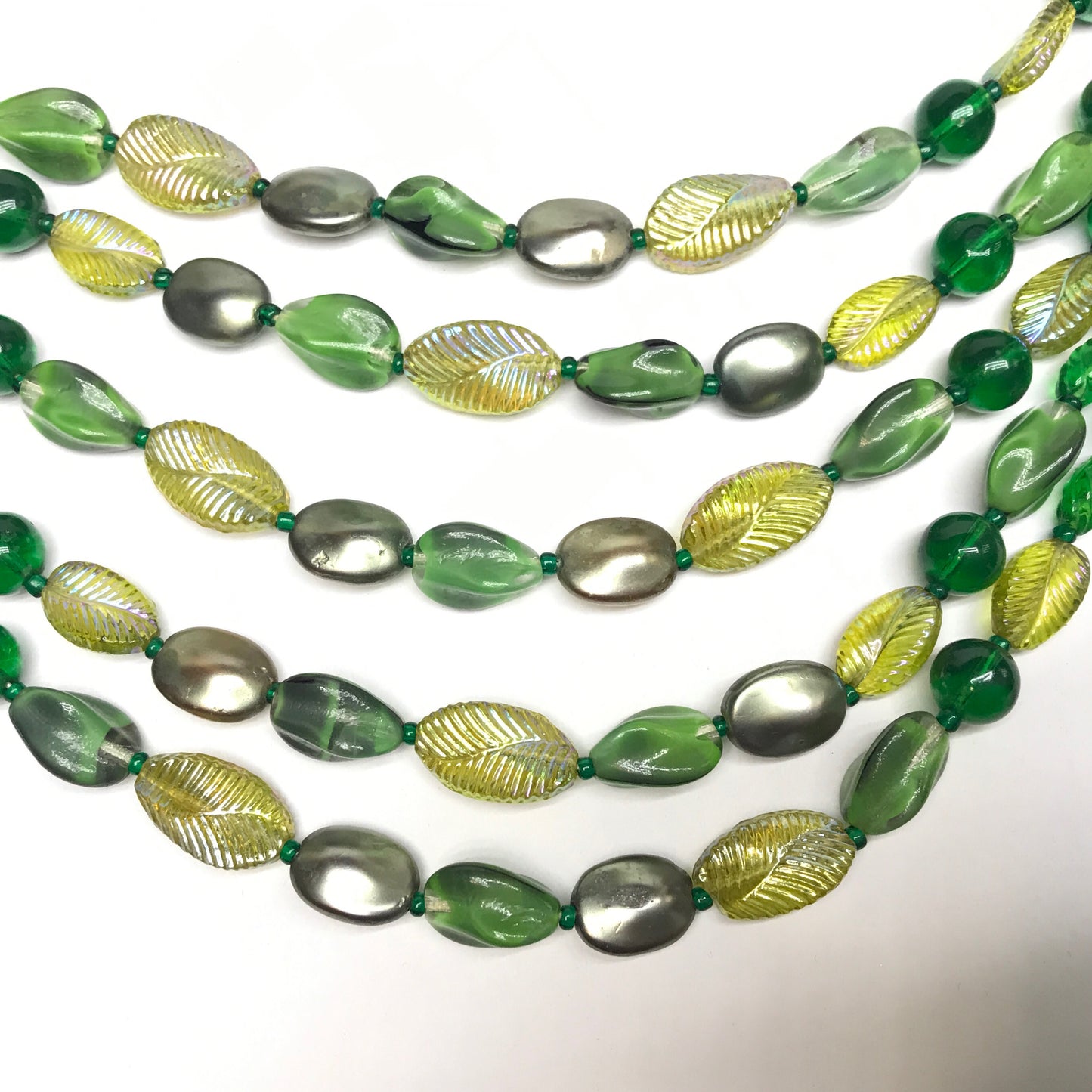 Vintage Green Glass Beads with Leaf Patterns, 5 Strands