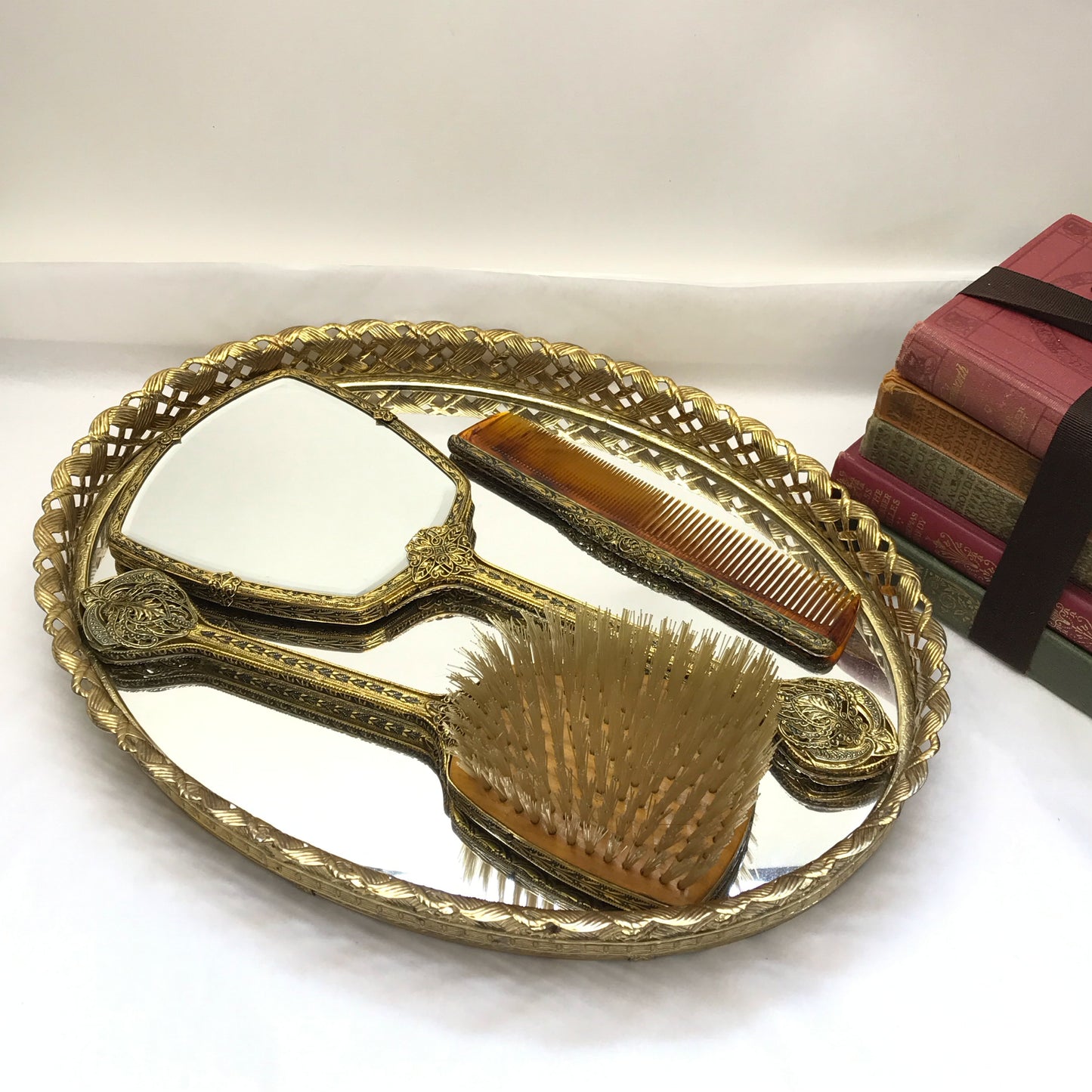 1950s Vanity Set, Embroidery and Filigree 3 Piece Set with Tray