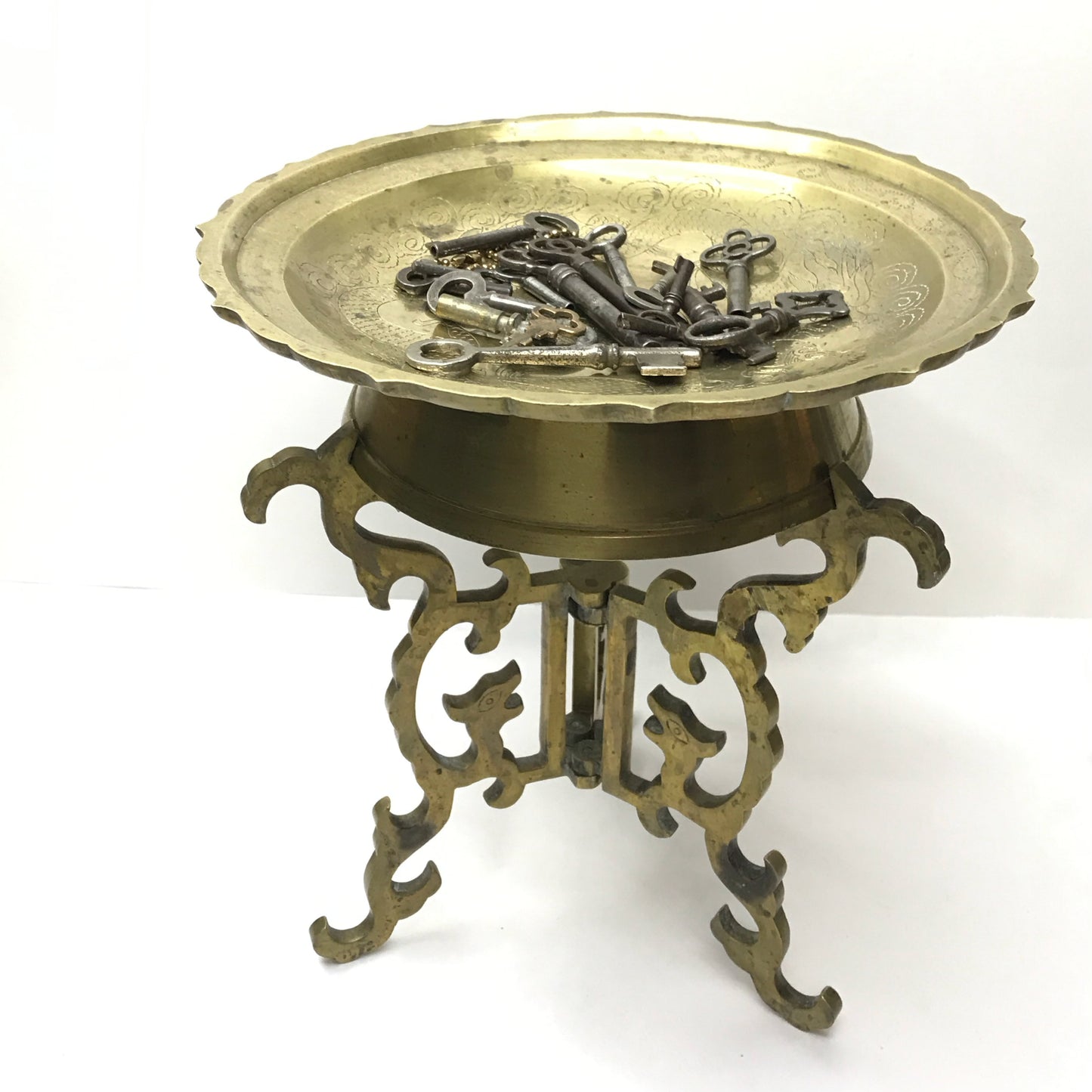 Vintage Brass Altar Offering Plate with Folding Brass Stand, Brass Pedestal Bowl with Stand, Chinese Brass Etched Dragon Plate, MARKS and STAINS