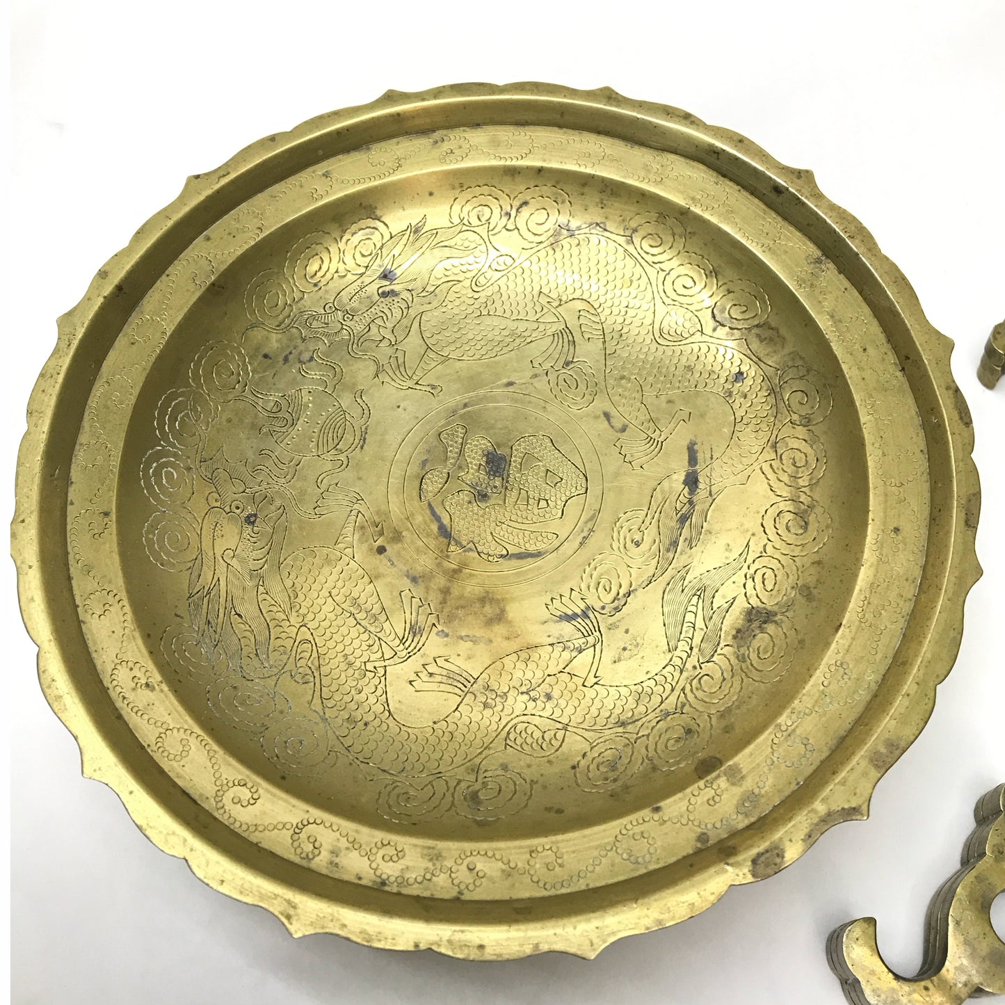 Vintage Brass Altar Offering Plate with Folding Brass Stand, Brass Pedestal Bowl with Stand, Chinese Brass Etched Dragon Plate, MARKS and STAINS