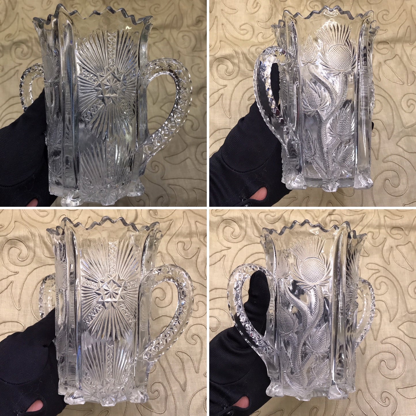 Antique Clear Higbee Pressed Glass Spooner Vase with Double Handles