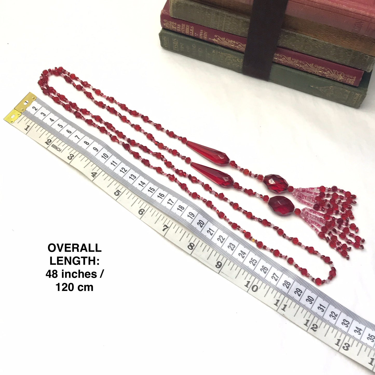 Vintage Red Glass Lariat Necklace 1920s Style Flapper Bead Strand with Tassels RESTRUNG