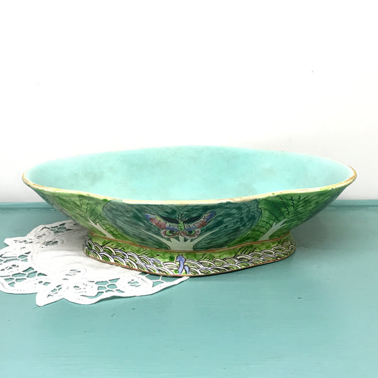 Tongzhi Lobed Pedestal Bowl with Butterflies and Light Turquoise Interior, Asian Antiques