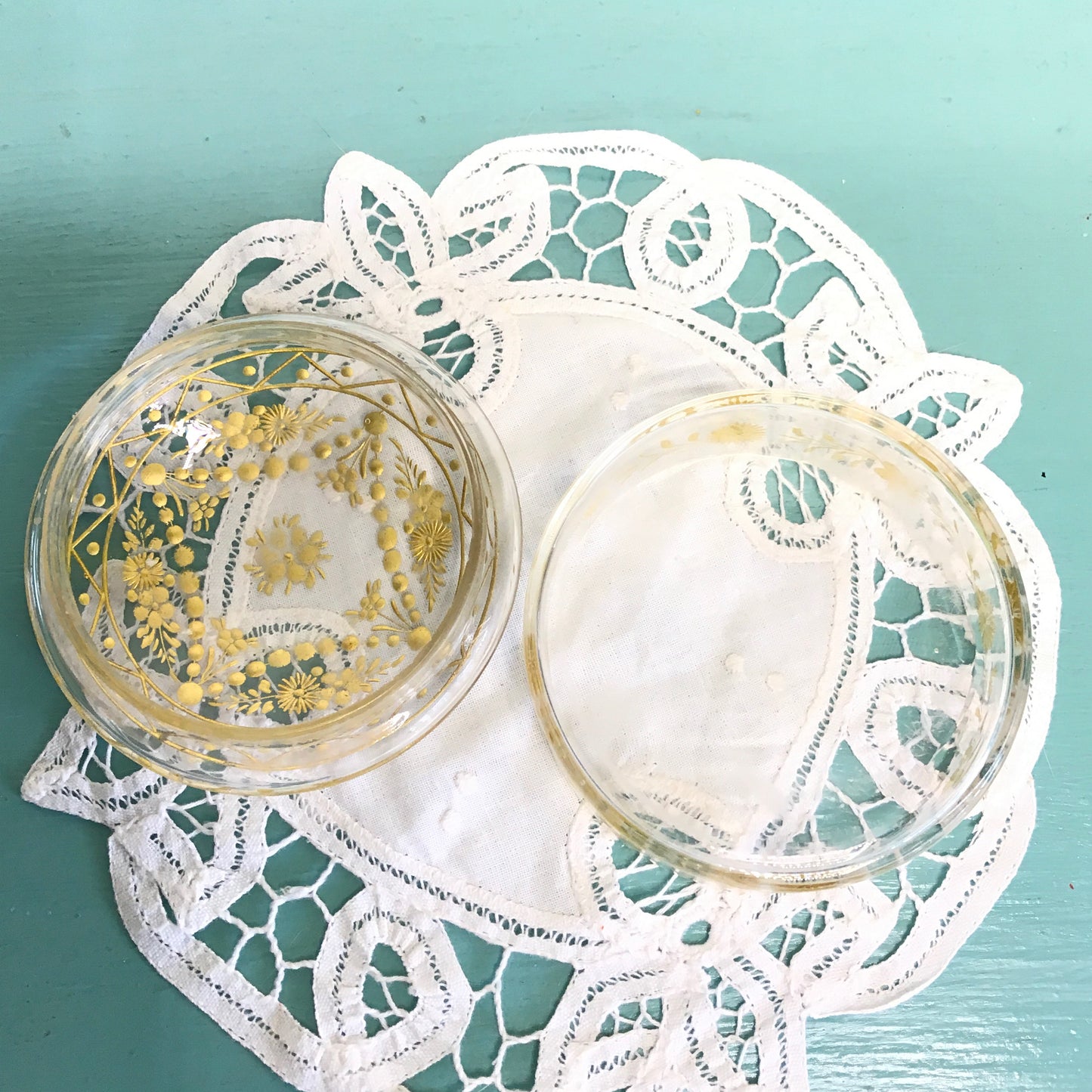 Clear Glass Trinket Box or Powder Jar with Inset Gold Floral Accents, Vintage Jewellery Box