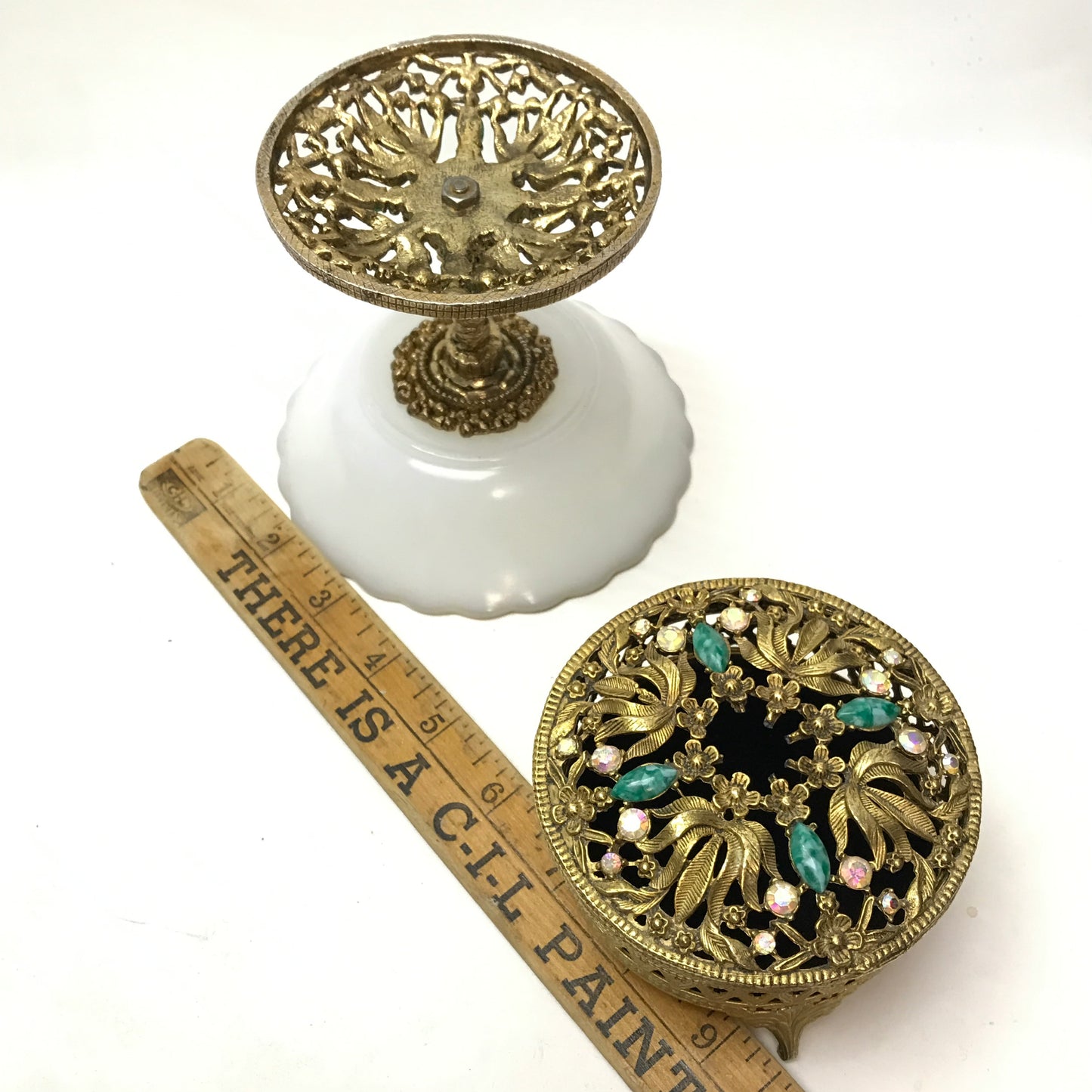 Vintage Openwork Filigree Jewellery Dresser Set, Footed Jewellery Box, Milk Glass Pedestal Dish