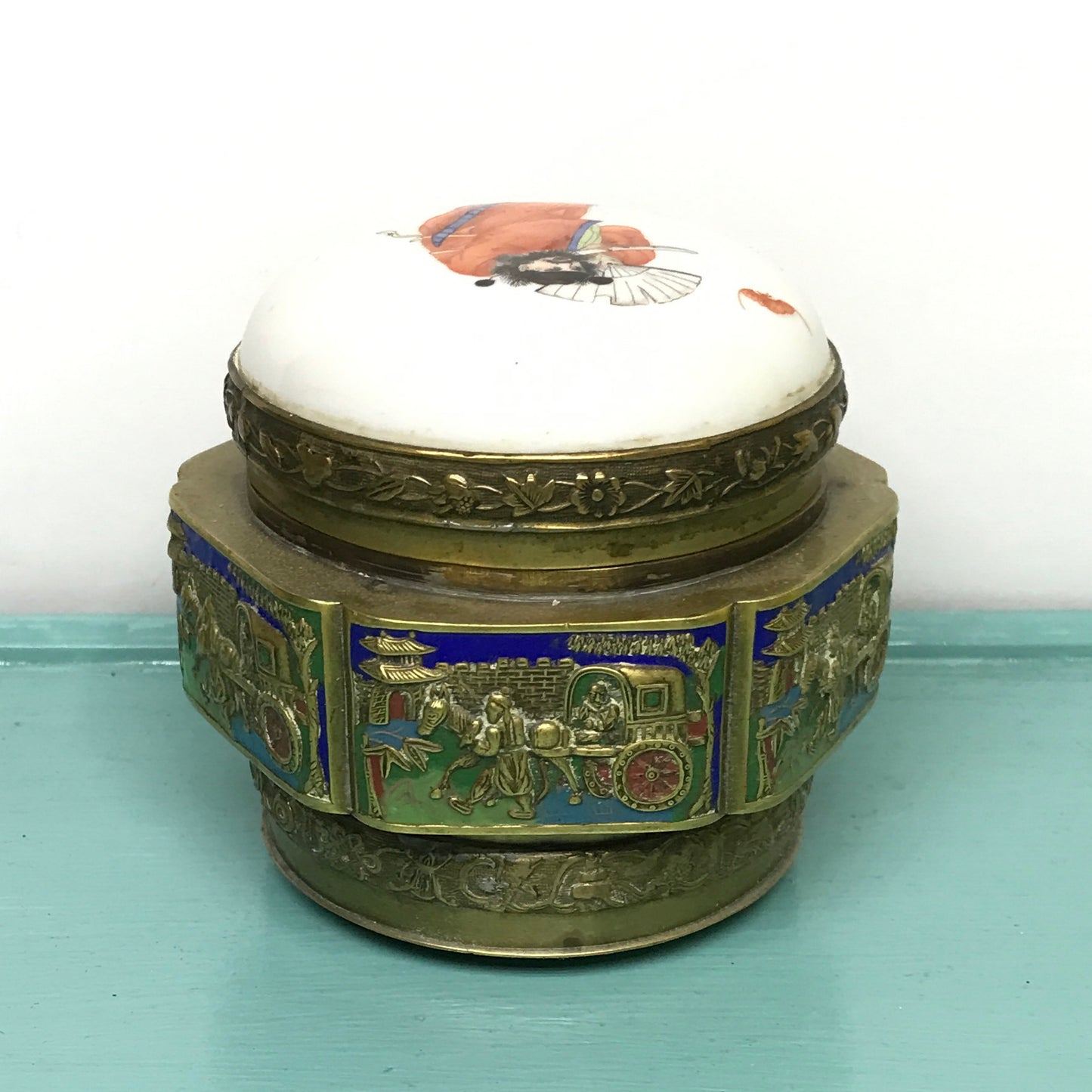 Brass Footed Jar with Hand Painted Porcelain Lid