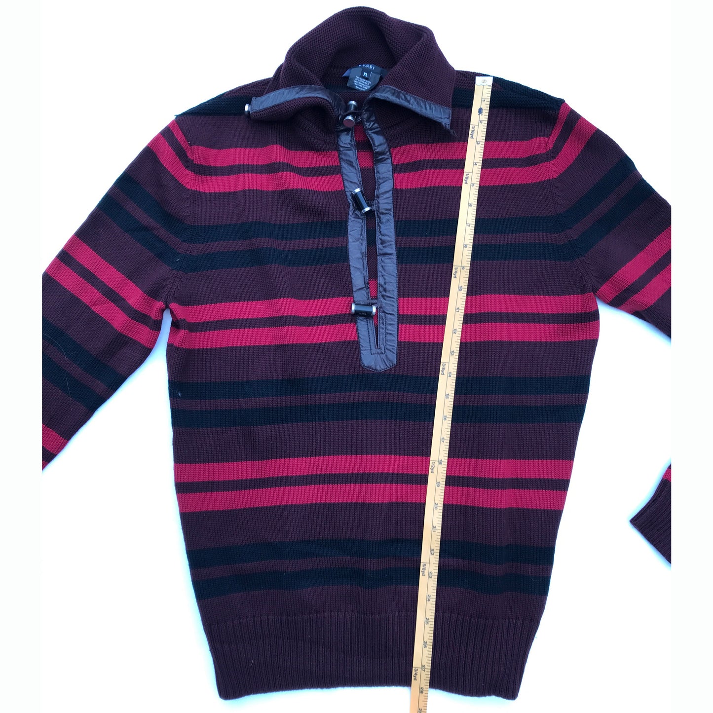 Maroon Striped Sweater with Toggle Buttonsand Leather Accents, Gucci Branded