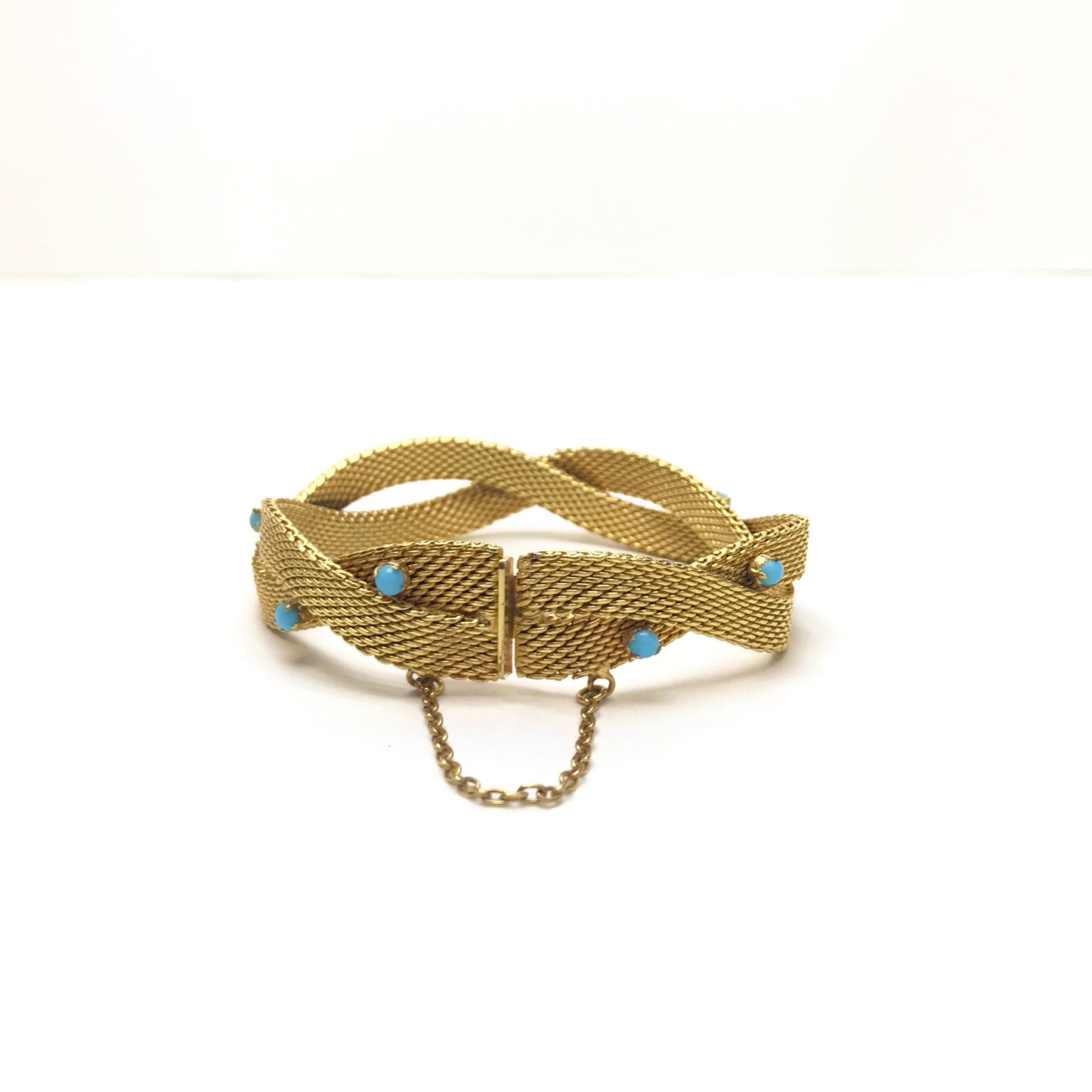 Gold Metal Mesh Bracelet with Turquoise Coloured Stones, Signed Radi Spain