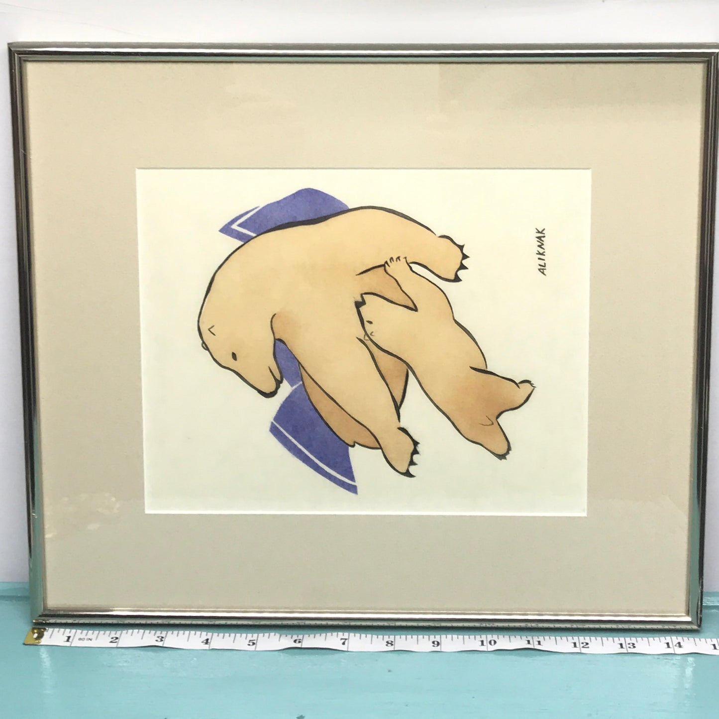 Stone Cut Print of Polar Bears in Frame, Signed Native Art