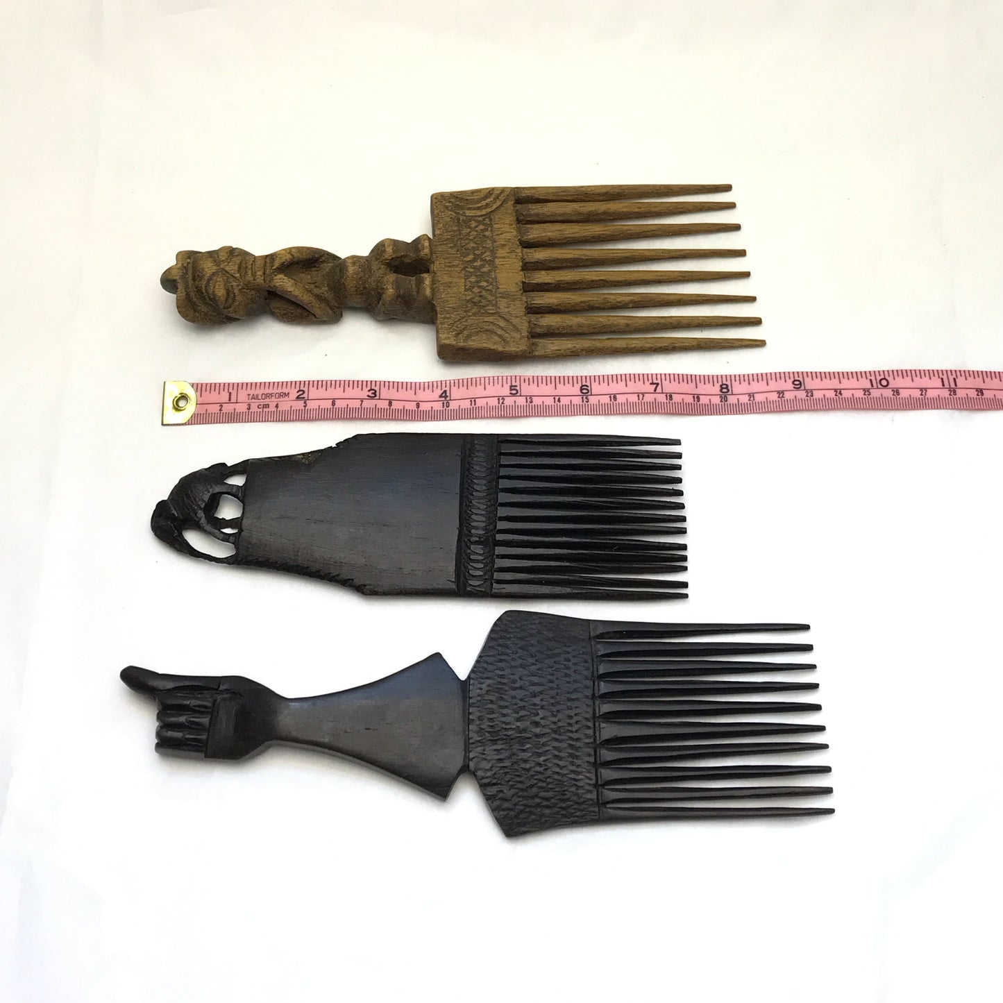 African Hand Carved Wood Hair Combs or Hair Picks Lot of 3