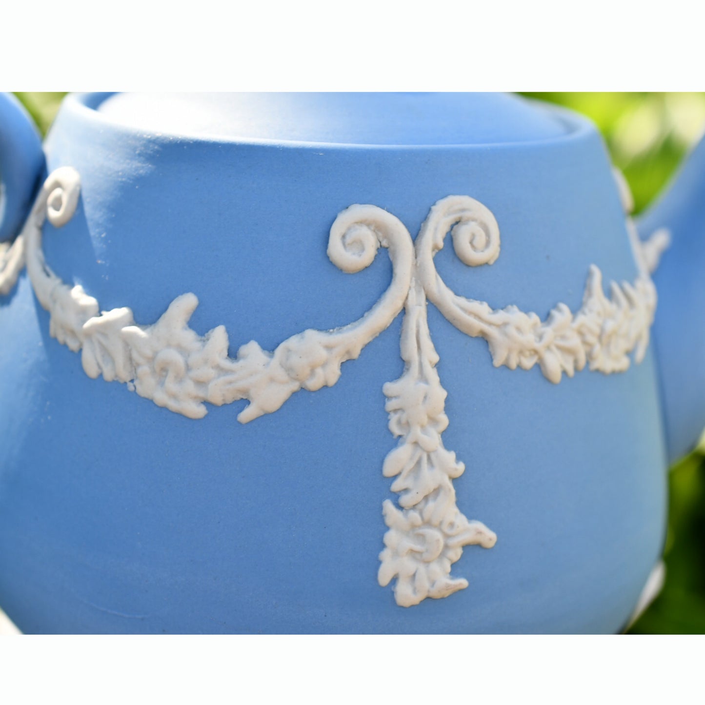 Vintage Ecanada White on Blue Jasperware Teapot