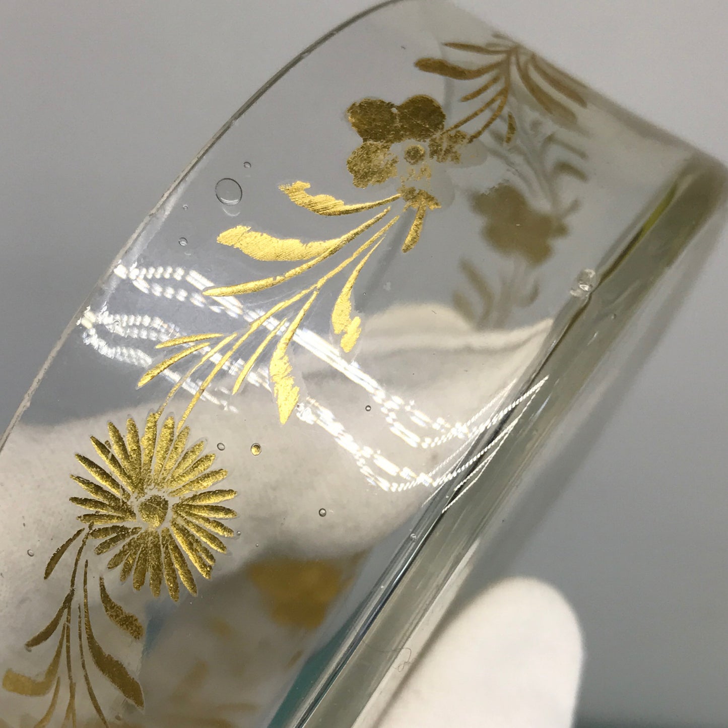 Clear Glass Trinket Box or Powder Jar with Inset Gold Floral Accents, Vintage Jewellery Box