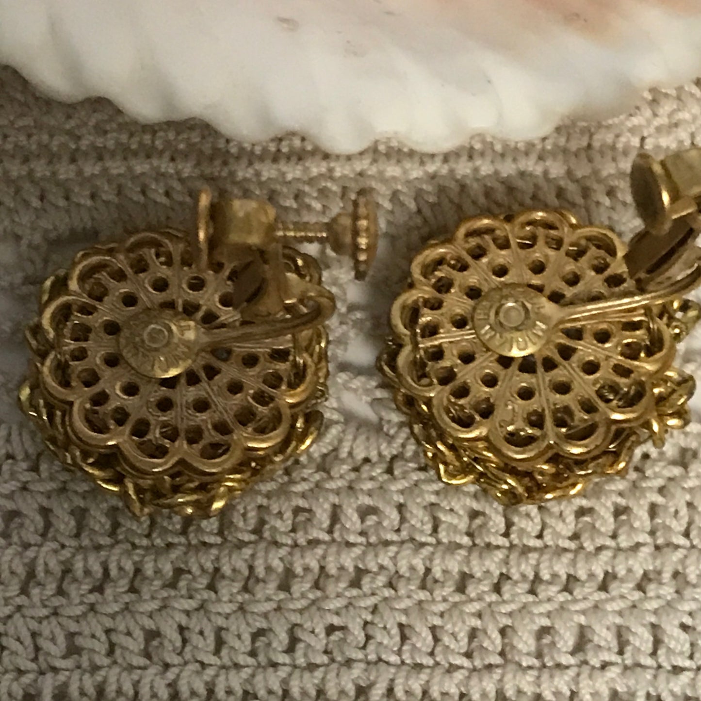 Miriam Haskell Signed Faux Pearl And Gold Button Earrings, Clip Ons with Tension Screws, Mabé Style Pearls